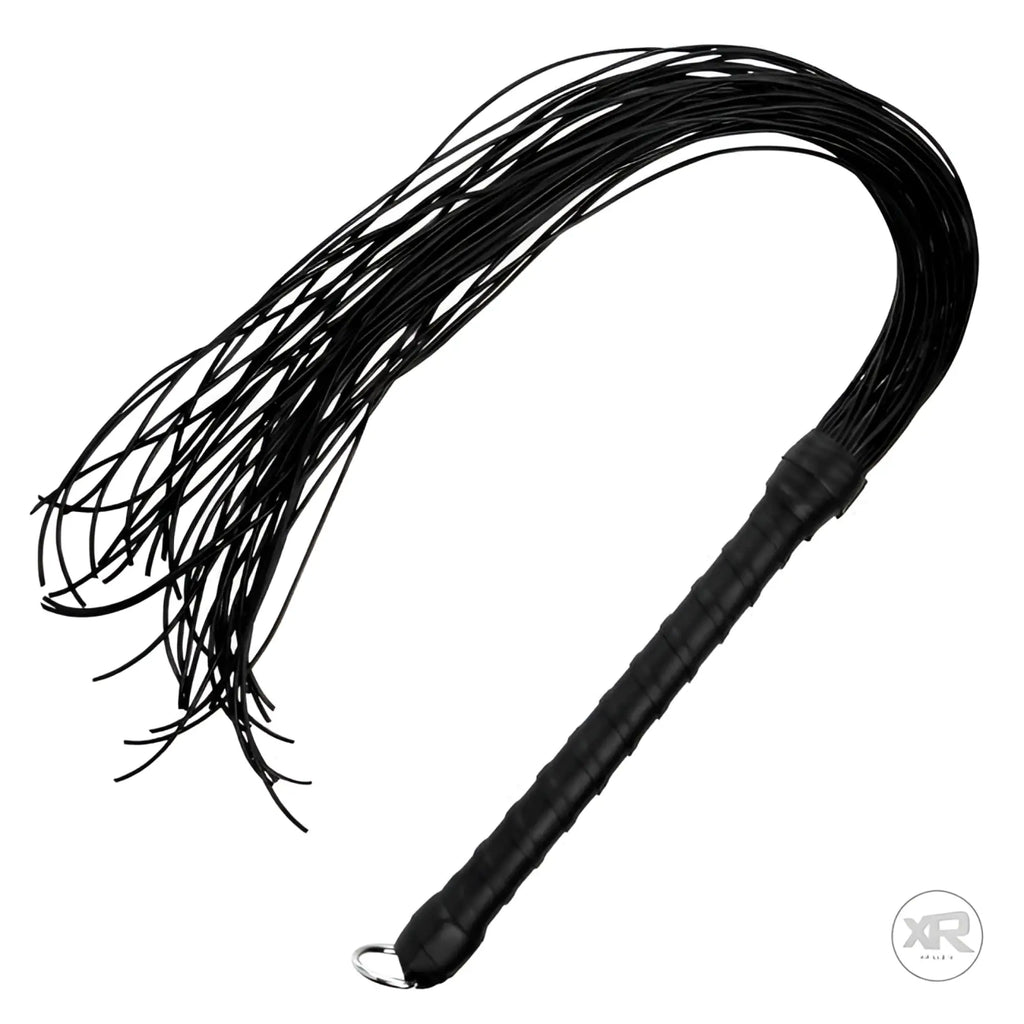 Strict Leather Cord Flogger: A black, multi-strand leather cord whip with a textured, wrapped handle and metal ring.