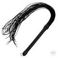 Strict Leather Cord Flogger: A black, multi-strand leather cord whip with a textured, wrapped handle and metal ring.