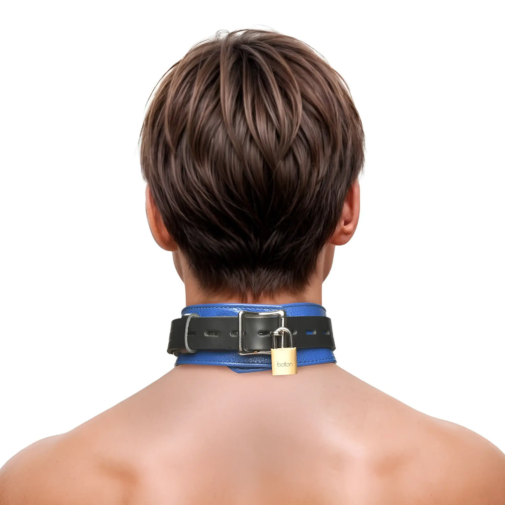 Strict Leather Deluxe black and blue leather locking collar worn around a person's neck with a gold padlock.