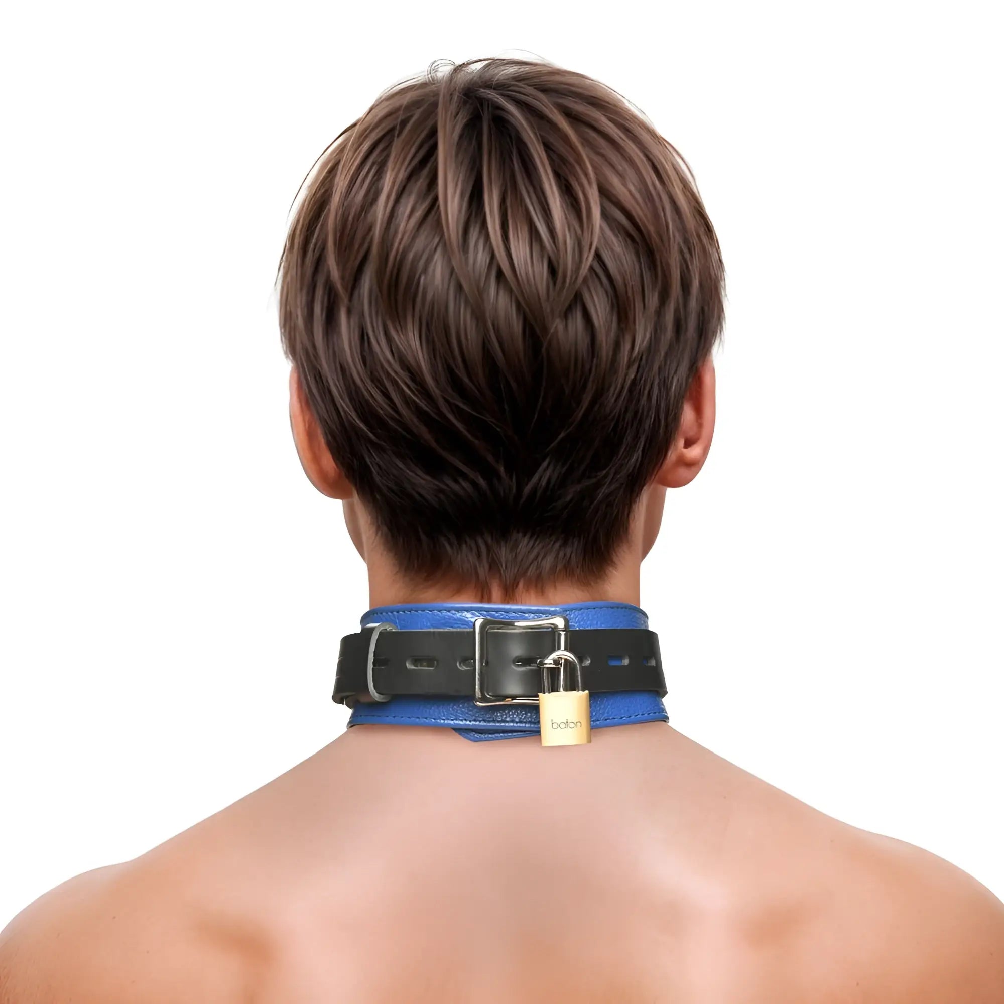 Strict Leather Deluxe black and blue leather locking collar worn around a person's neck with a gold padlock.