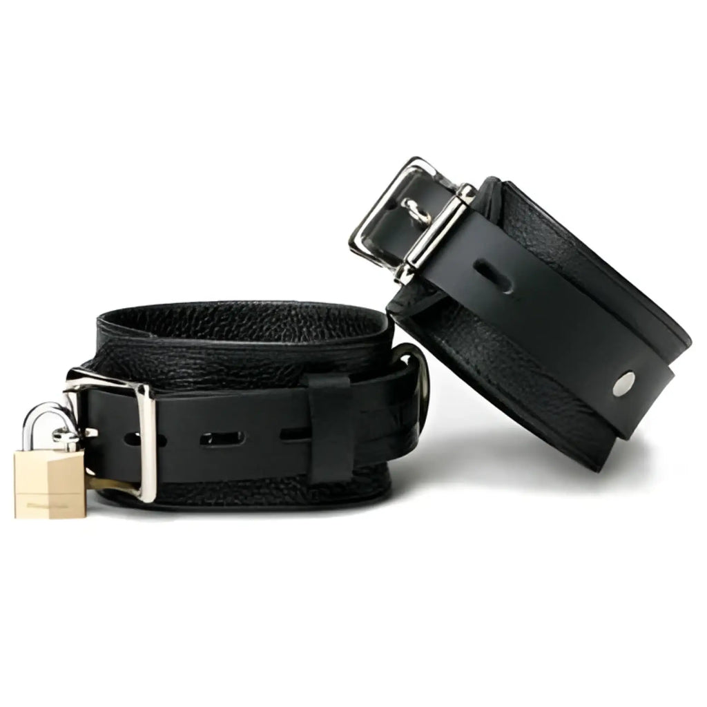 Strict Leather Deluxe Locking Cuffs: A pair of textured black leather wrist cuffs with silver buckles and a gold padlock.