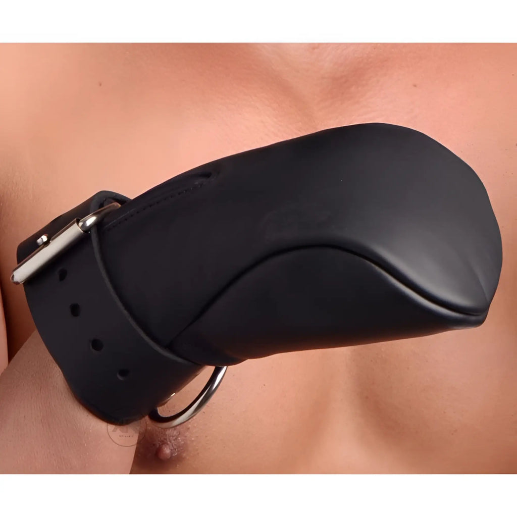 Strict Leather Deluxe Padded Fist Mitt in black leather, featuring an adjustable buckle strap and a metal D-ring.
