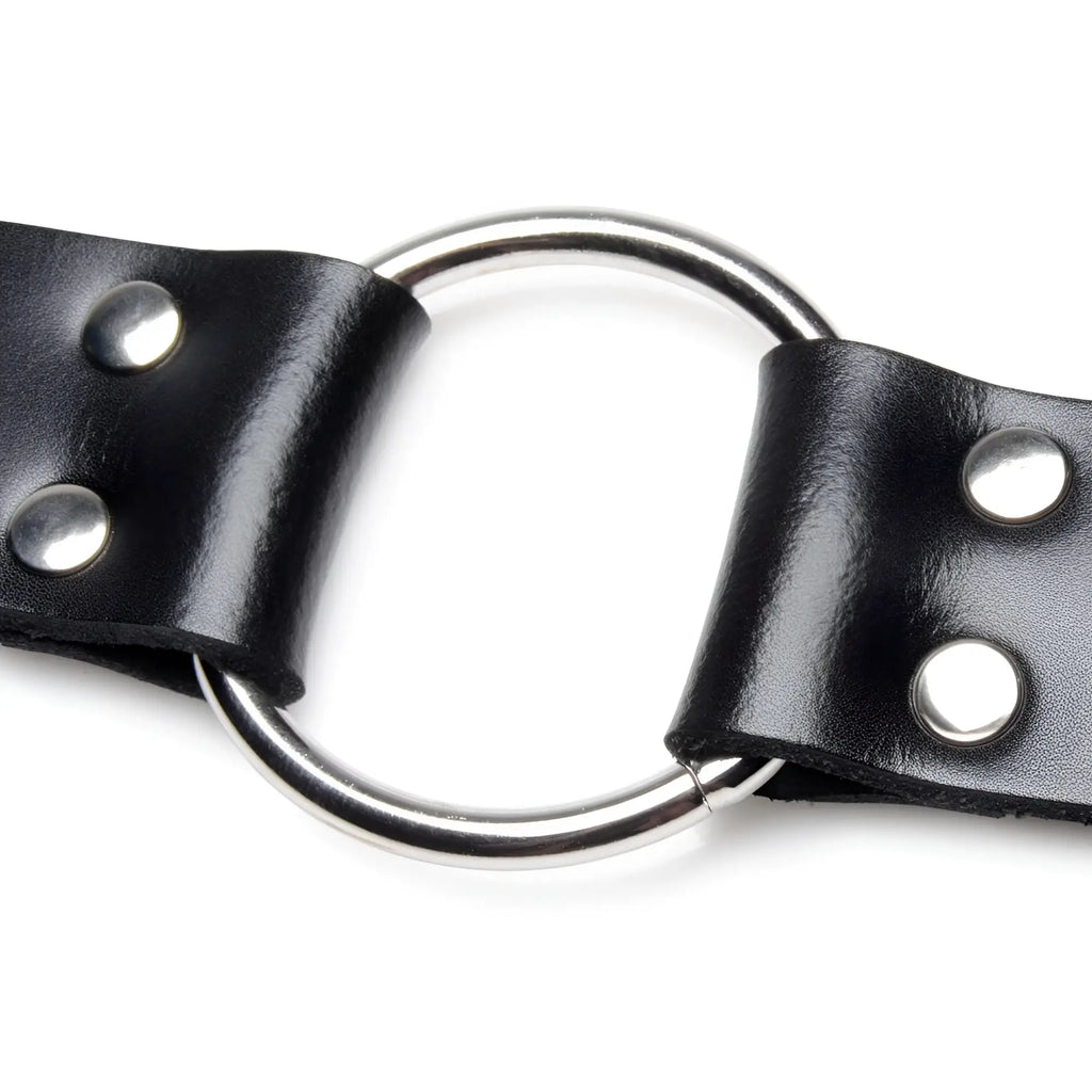 Strict Leather dildo strap featuring black leather, silver-tone metal O-ring, and silver rivets on a white background.