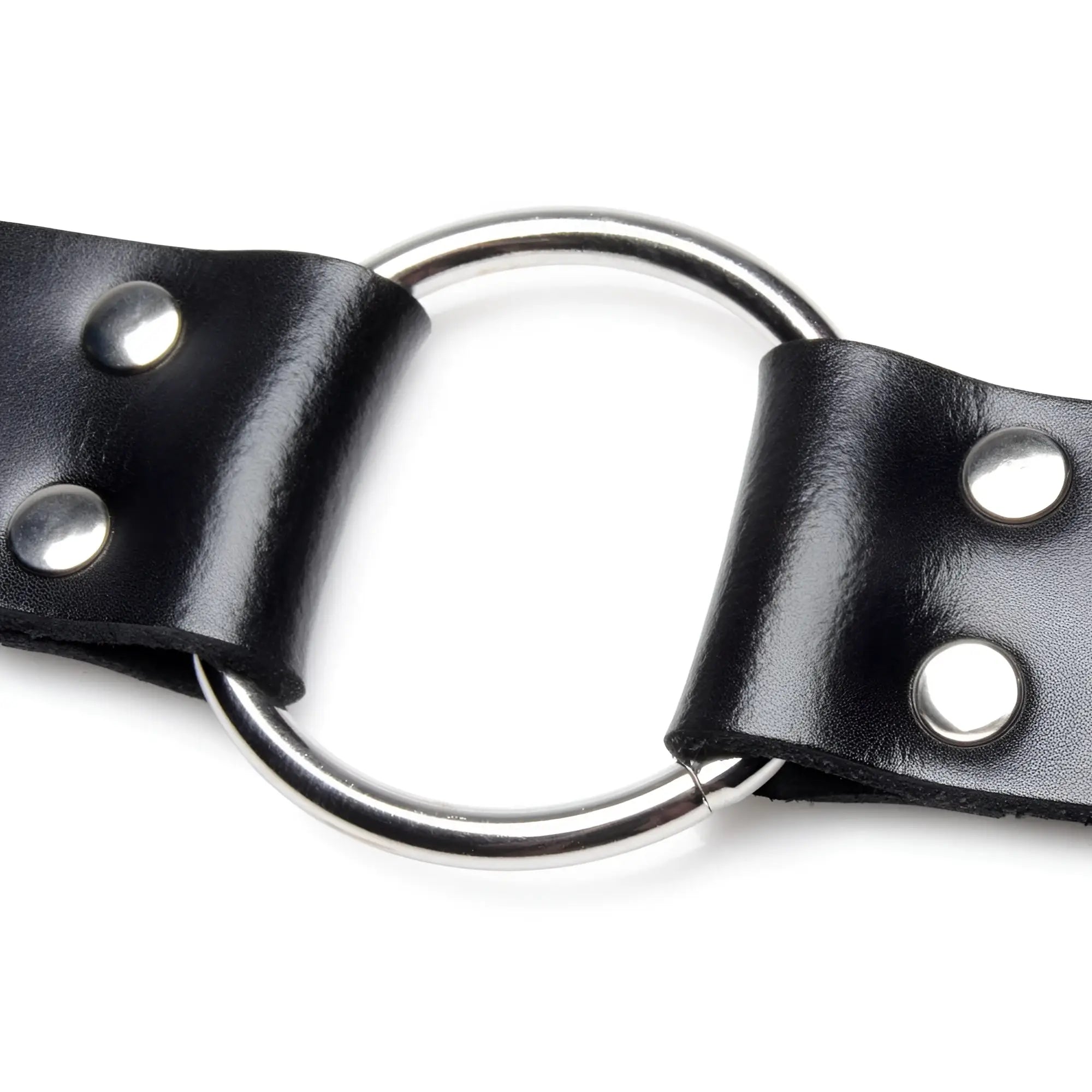 Strict Leather dildo strap featuring black leather, silver-tone metal O-ring, and silver rivets on a white background.