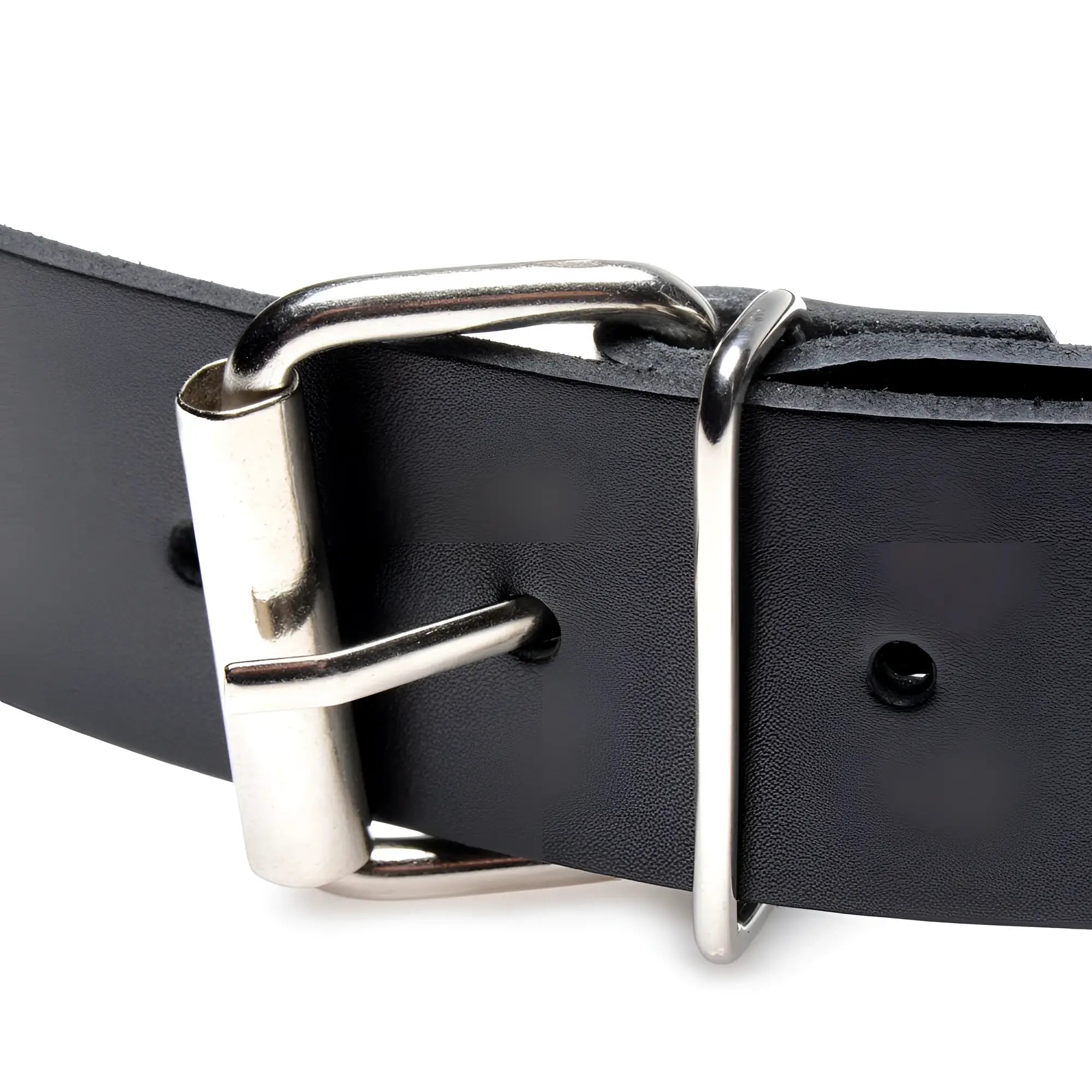 Strict Leather Leather Dildo Strap: A smooth black leather belt with a polished silver-tone metal buckle.