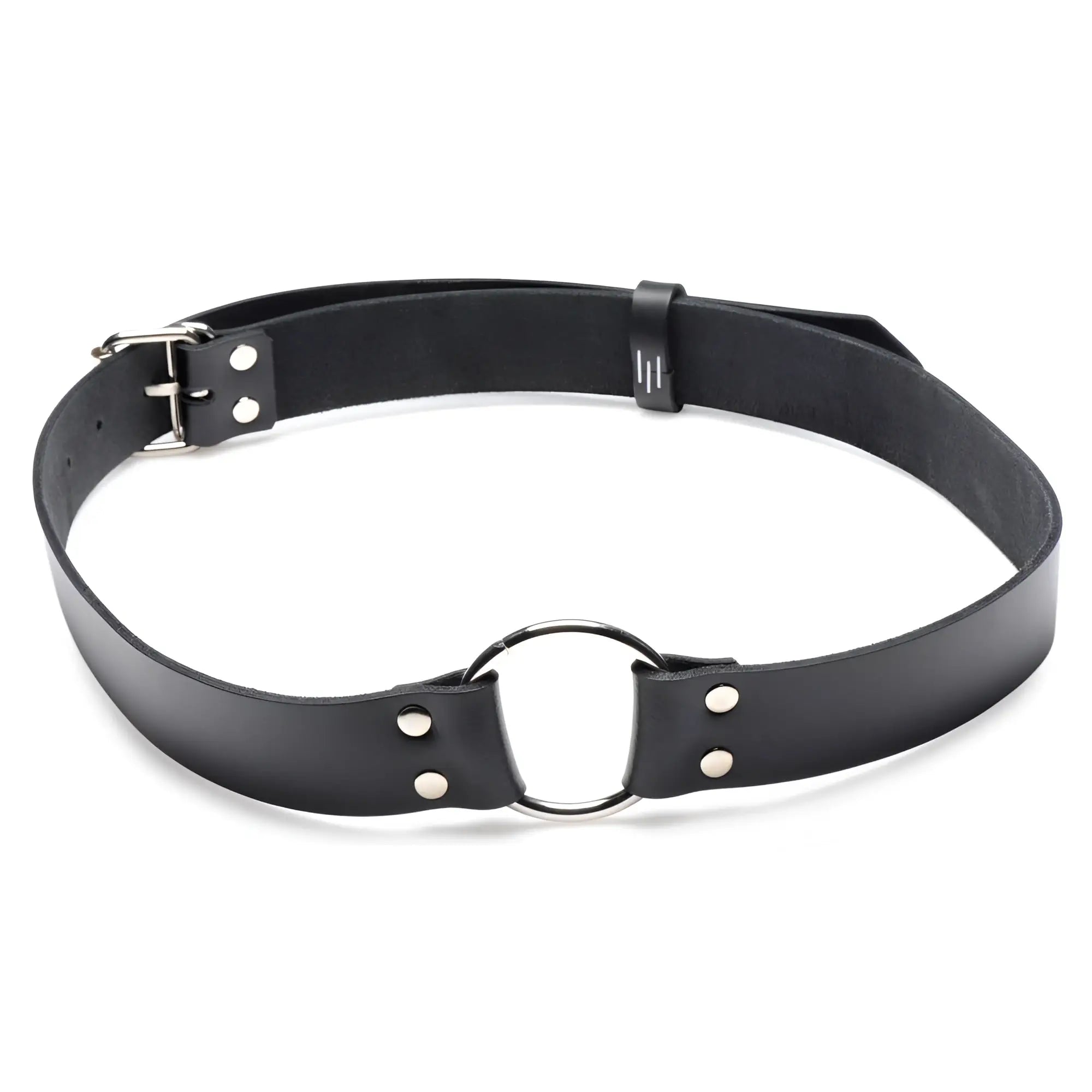 Strict Leather black leather dildo strap with silver-tone buckle and central O-ring hardware.