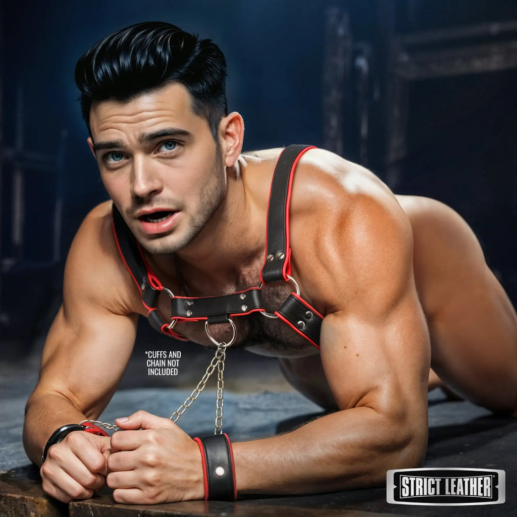 Strict Leather English Bulldog harness in black with red trim, worn by a muscular man on all fours.