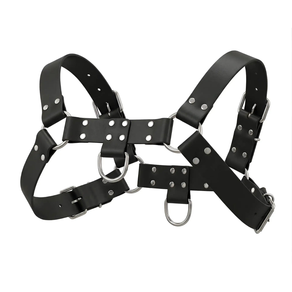 Black leather English bulldog harness with silver hardware, adjustable straps, and D-rings.