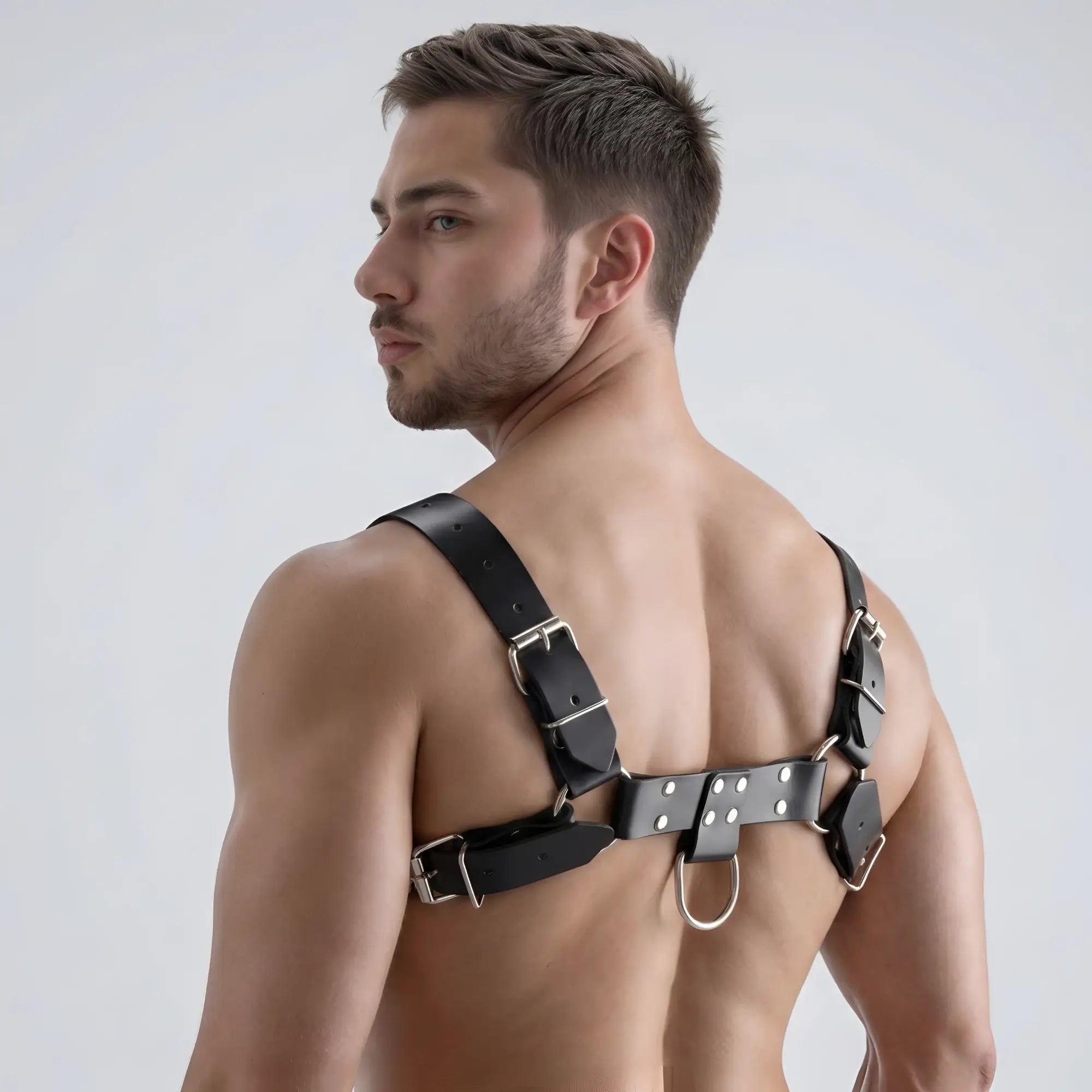 Man wearing a black leather English bulldog harness with silver hardware.