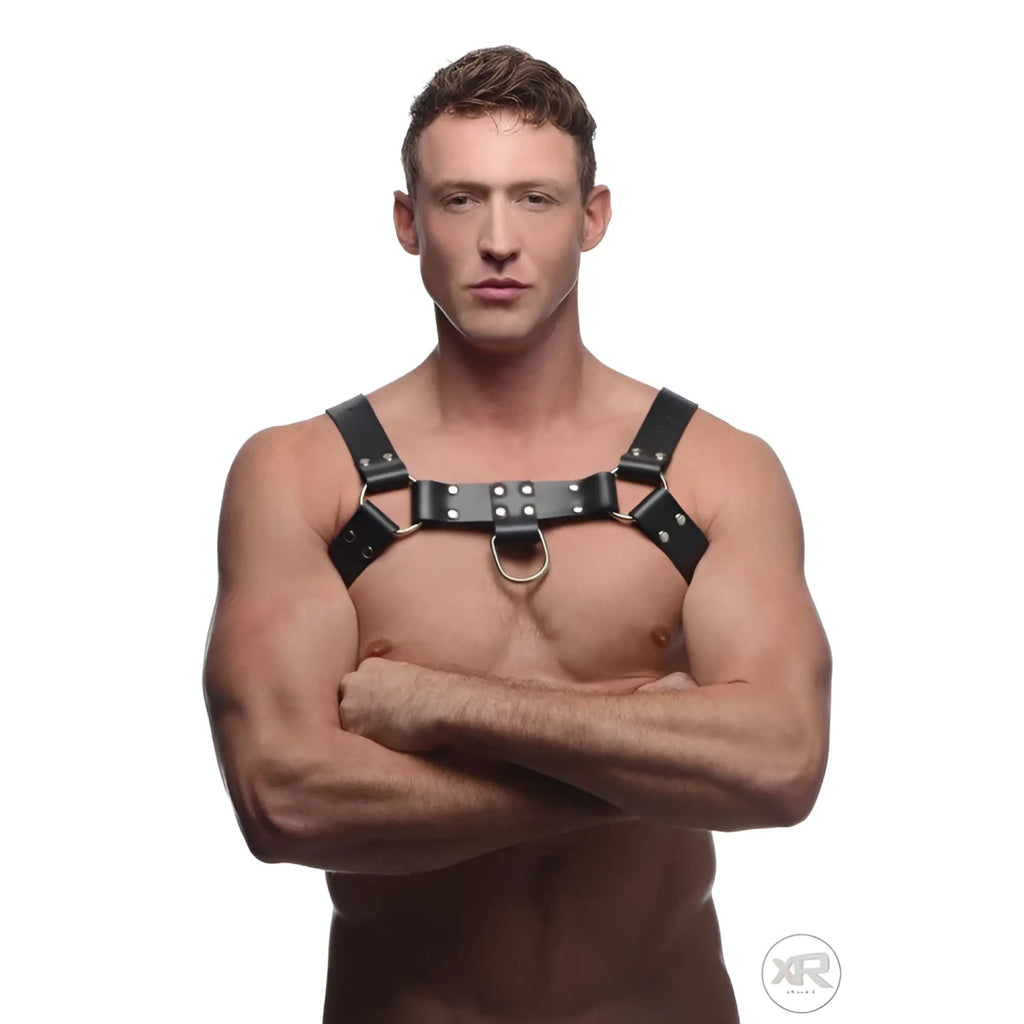 Man wearing a black leather English bulldog harness with a cock strap and D-ring.