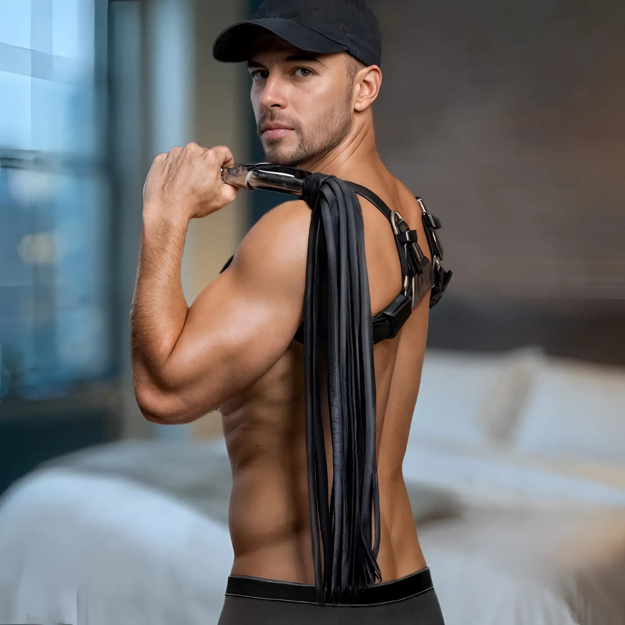 A man wearing a leather harness holds a black Strict Leather flogger with a polished stainless steel handle.