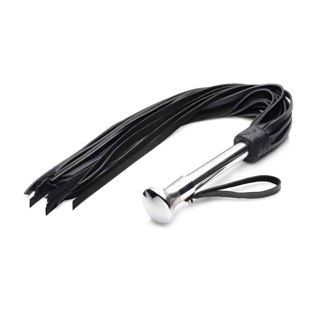 Strict Leather flogger featuring a polished stainless steel handle and black leather tails with a wrist strap.