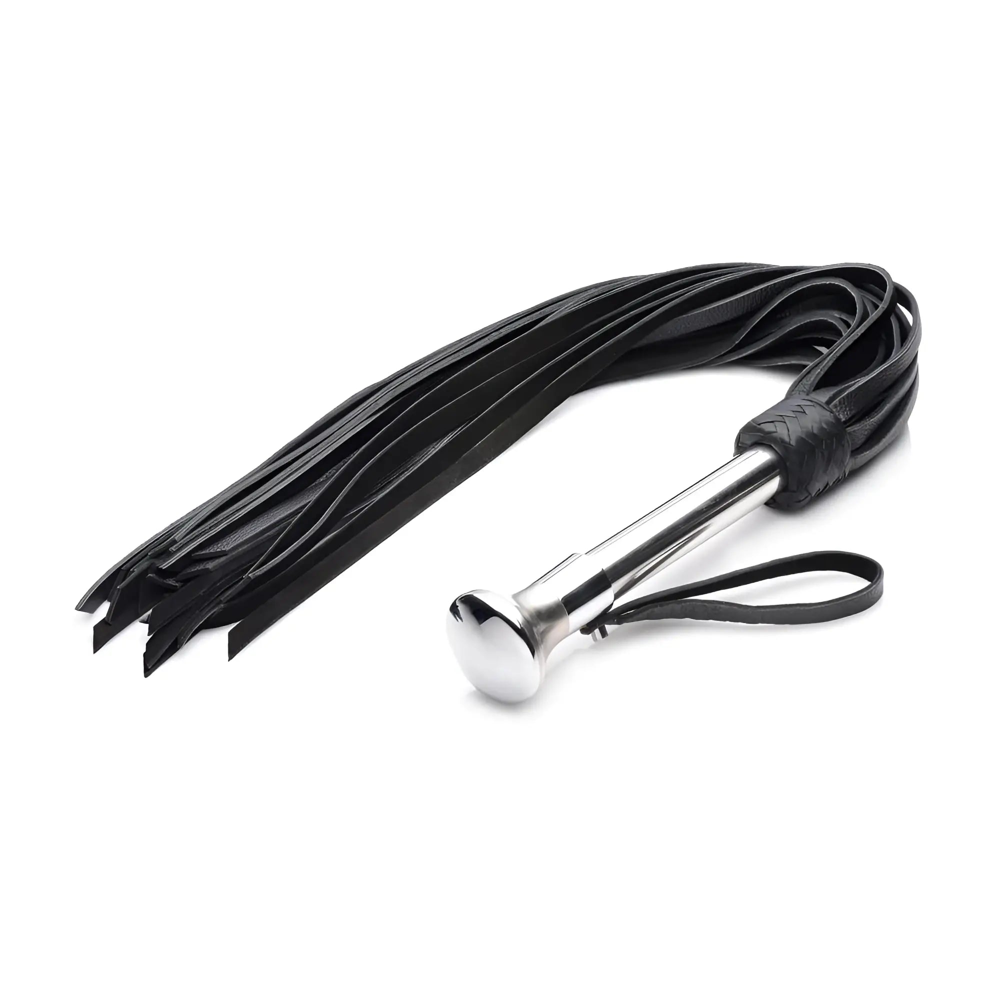Strict Leather flogger featuring a polished stainless steel handle and black leather tails with a wrist strap.