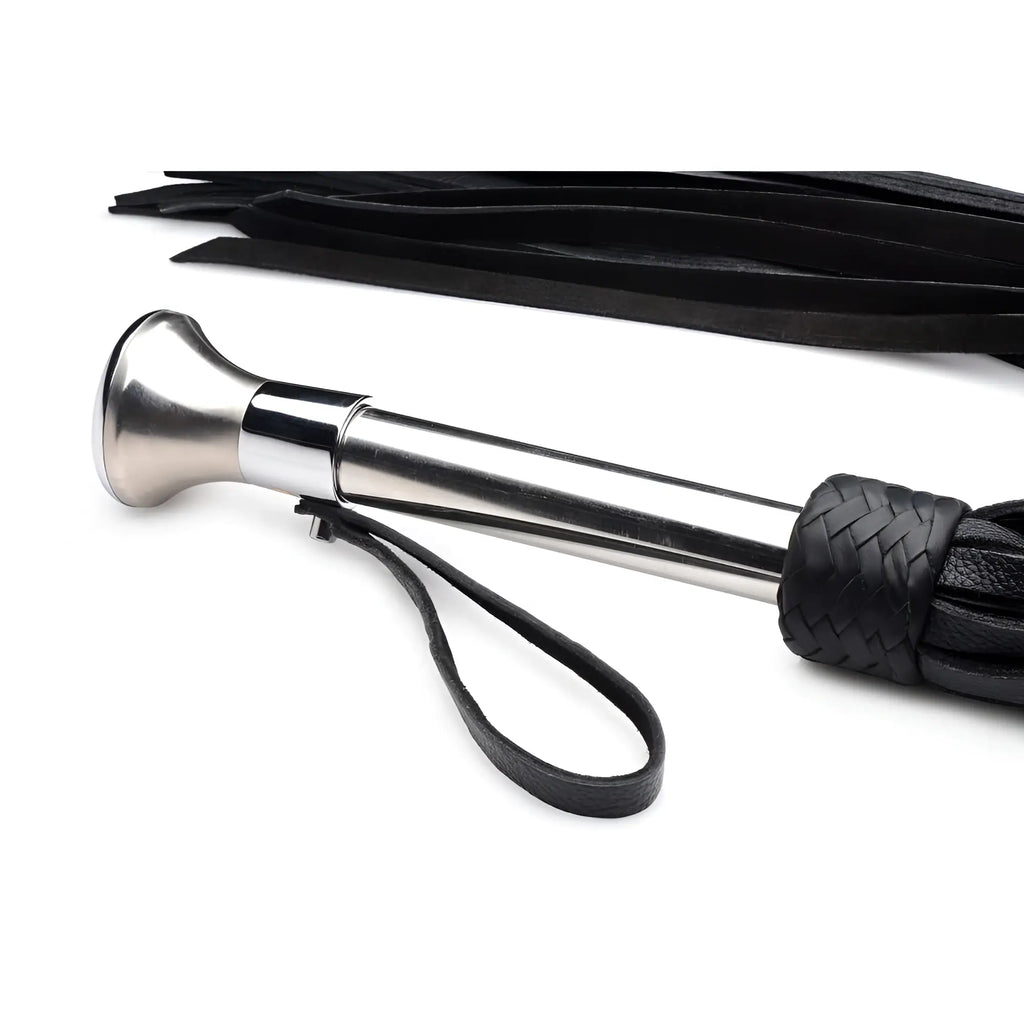 Strict Leather flogger with a shiny stainless steel handle, braided black leather collar, and black leather tail strips.