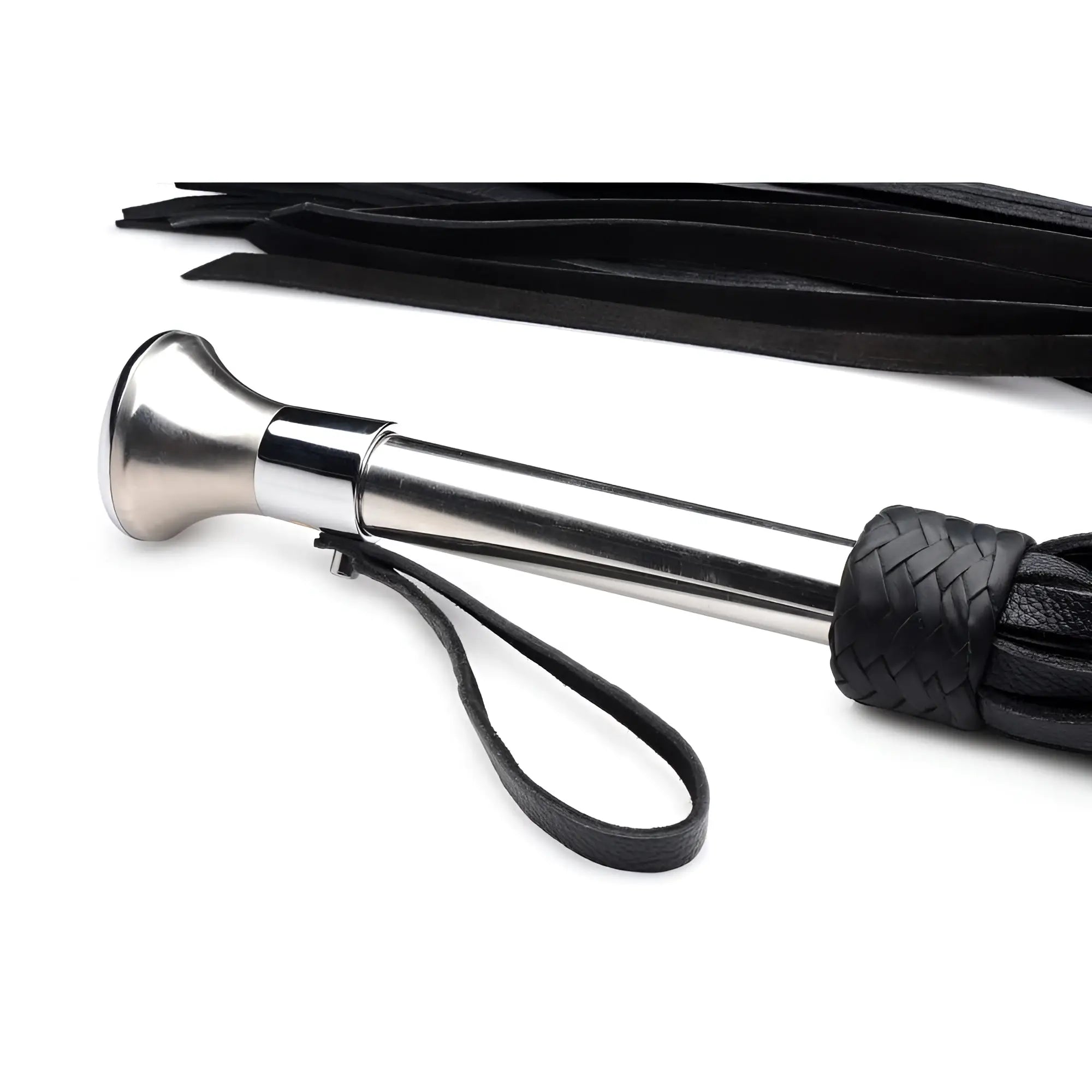 Strict Leather flogger with a shiny stainless steel handle, braided black leather collar, and black leather tail strips.