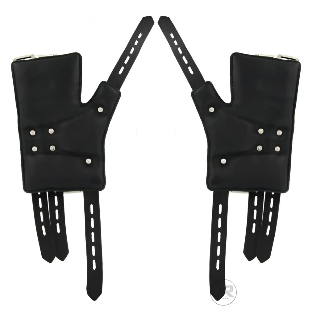 Strict Leather four-buckle suspension cuffs in black leather with silver rivets and adjustable buckled straps.