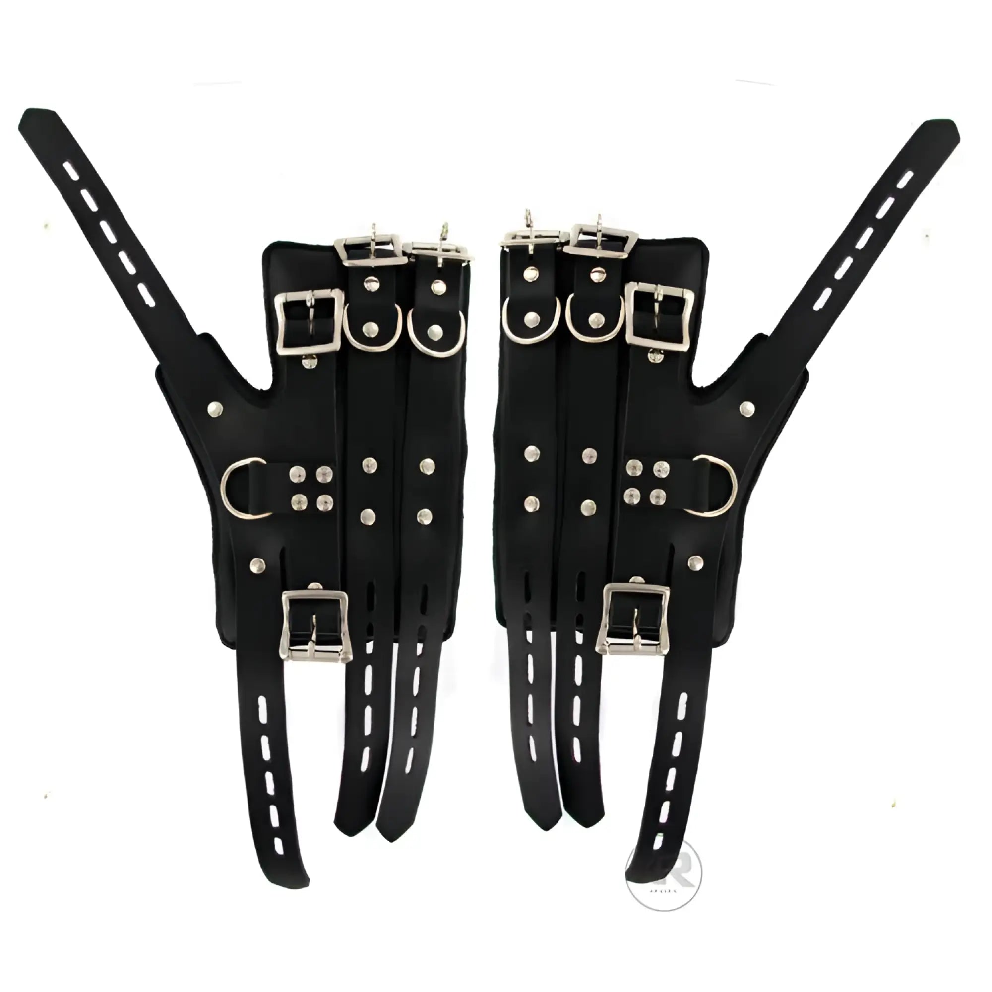 Strict Leather Four-Buckle Suspension Cuffs: A pair of black leather cuffs with silver buckles, straps, and hardware.
