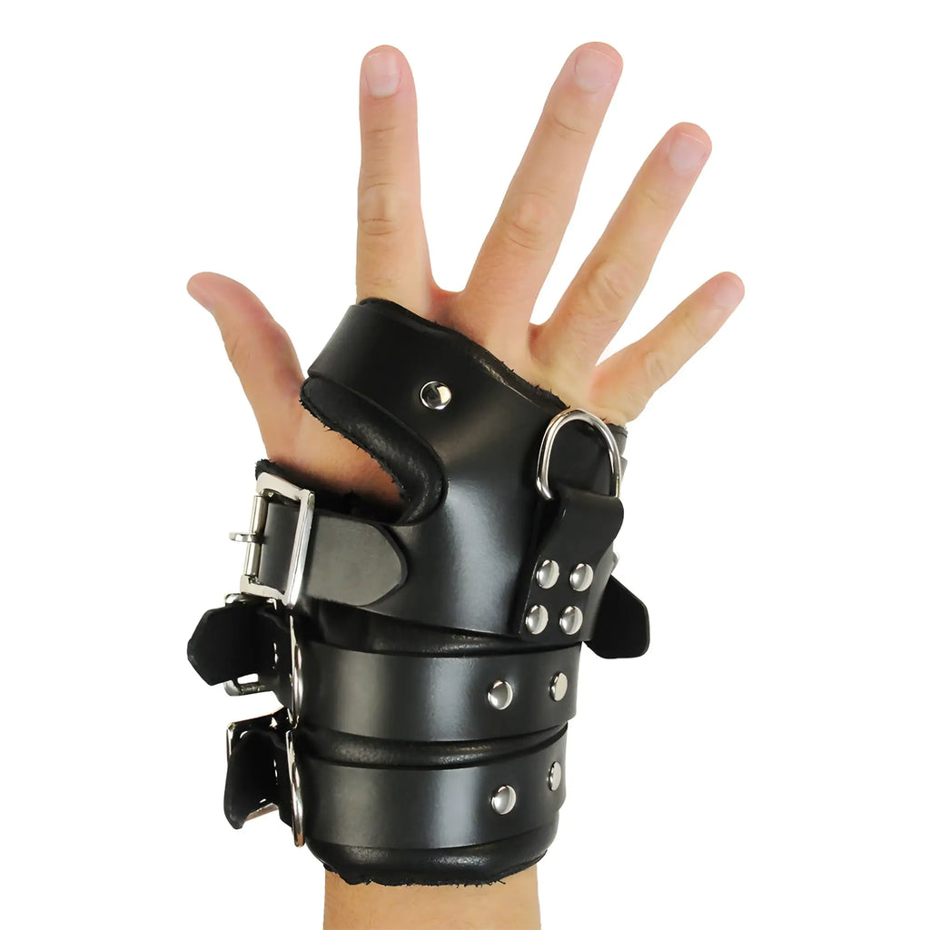 Strict Leather Four-Buckle Suspension Cuffs: black leather hand cuff with three metal buckles, rivets, and a D-ring.