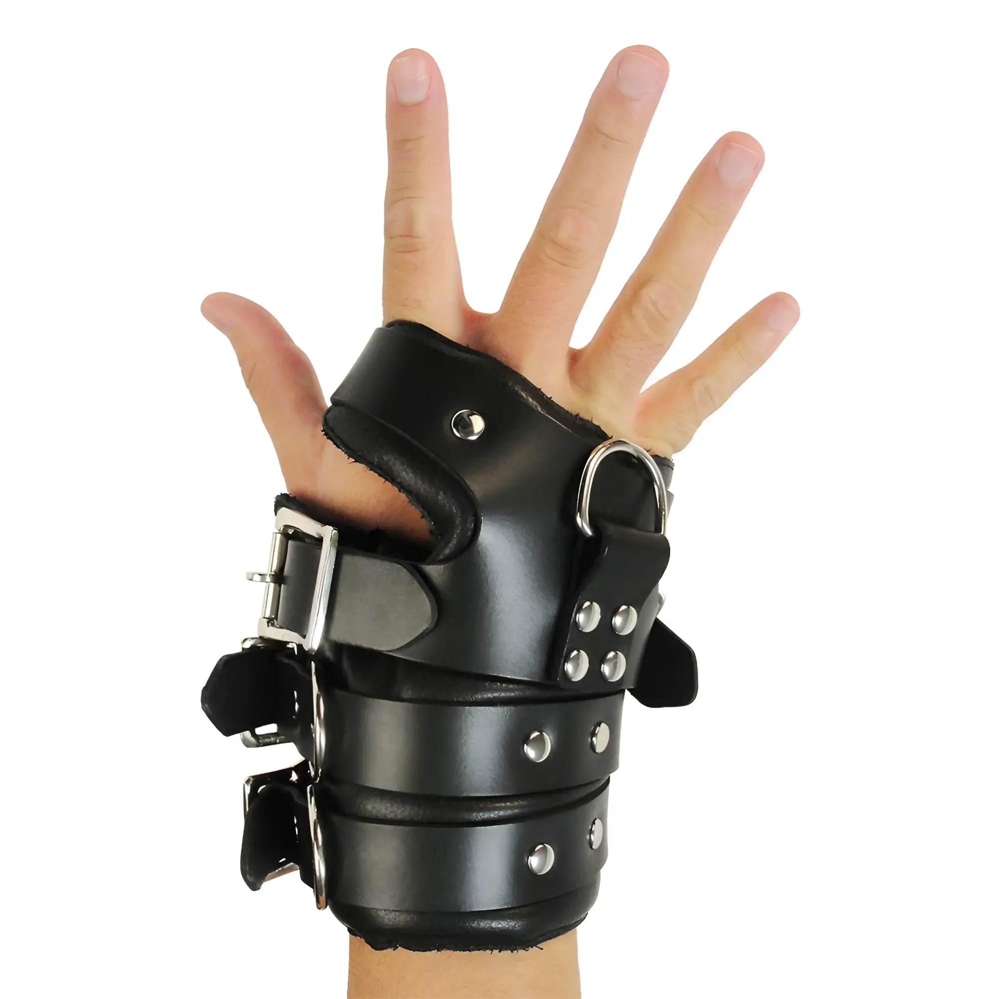 Strict Leather Four-Buckle Suspension Cuffs: black leather hand cuff with three metal buckles, rivets, and a D-ring.
