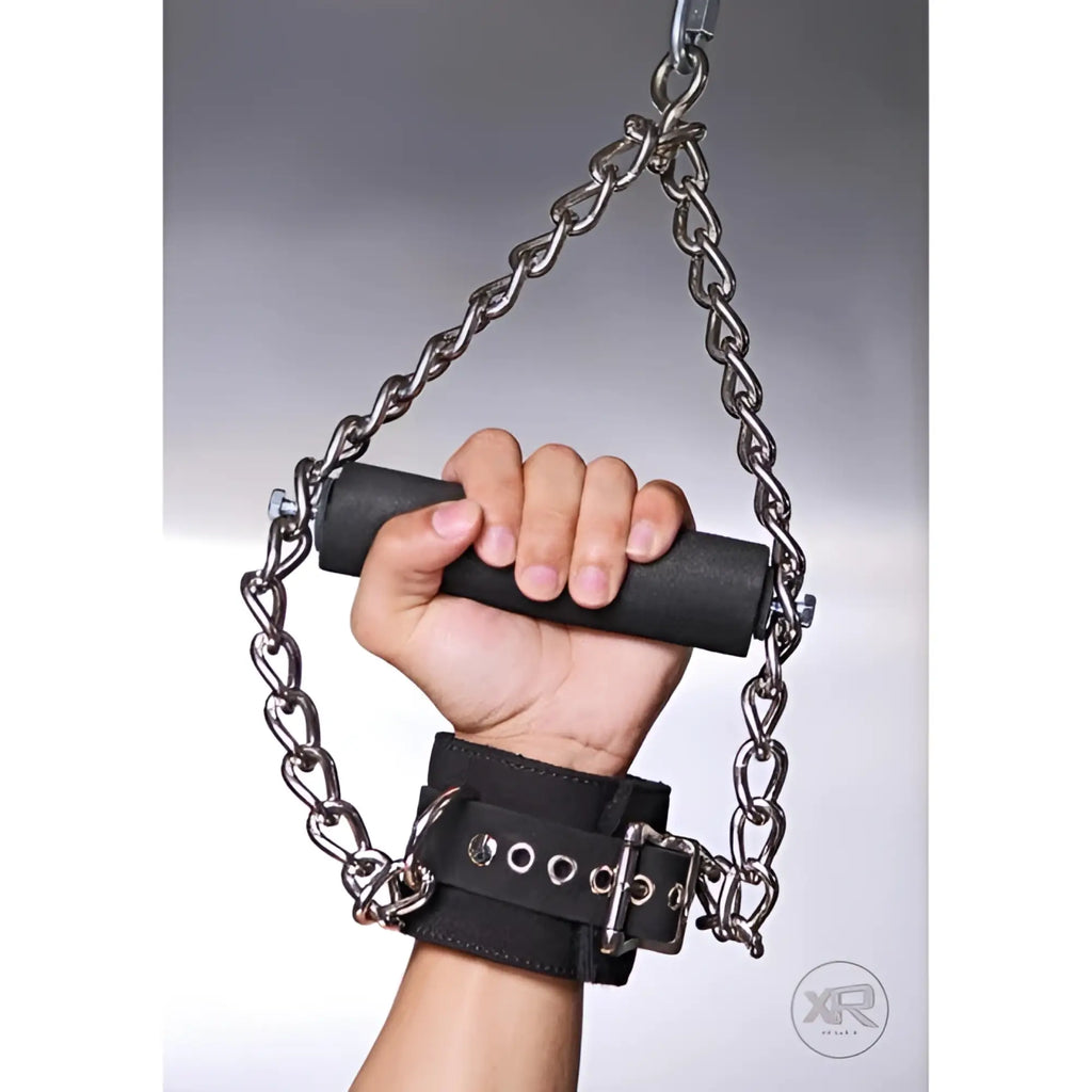 Strict Leather black nubuck suspension cuff with fur lining, silver buckle, and a foam-padded grip held by a chain.