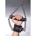 Strict Leather black nubuck suspension cuff with fur lining, silver buckle, and a foam-padded grip held by a chain.