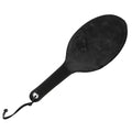 Strict Leather Fur Paddle: A black, oval-shaped paddle with a faux fur face, leather handle, and wrist strap.