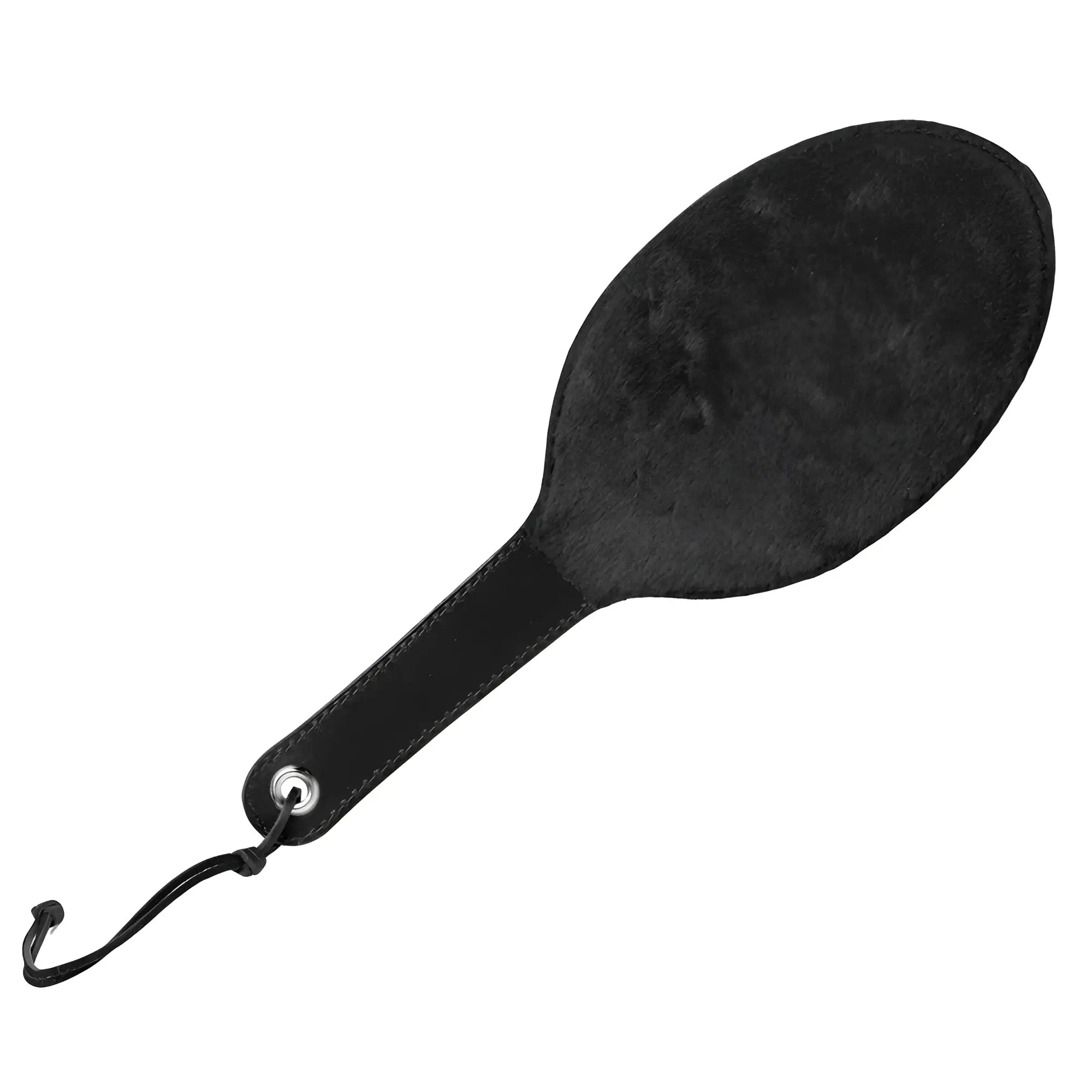 Strict Leather Fur Paddle: A black, oval-shaped paddle with a faux fur face, leather handle, and wrist strap.