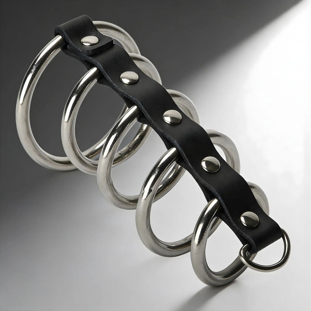 Strict Leather Gates of Hell, a metal and leather restraint with five connected rings.