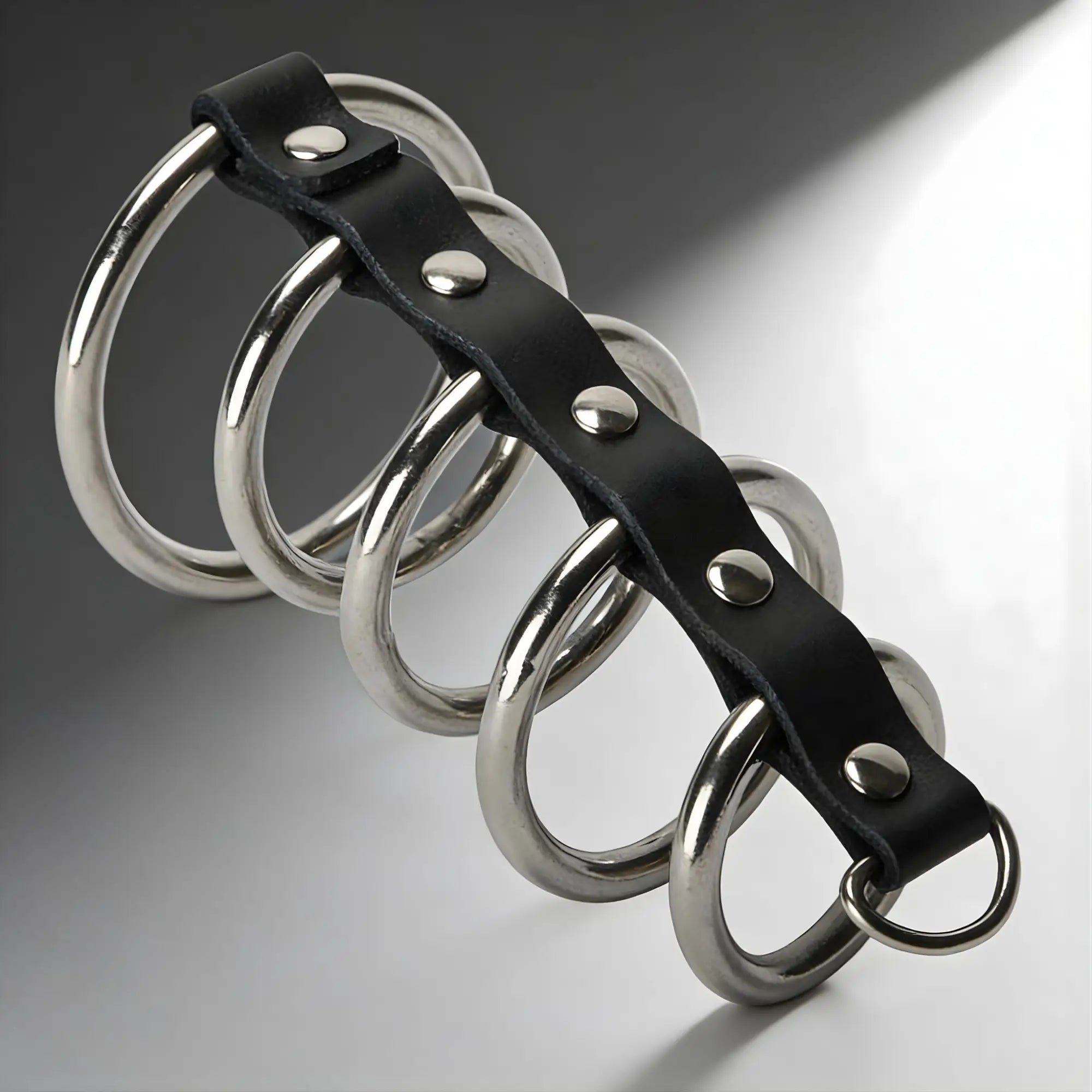 Strict Leather Gates of Hell, a metal and leather restraint with five connected rings.