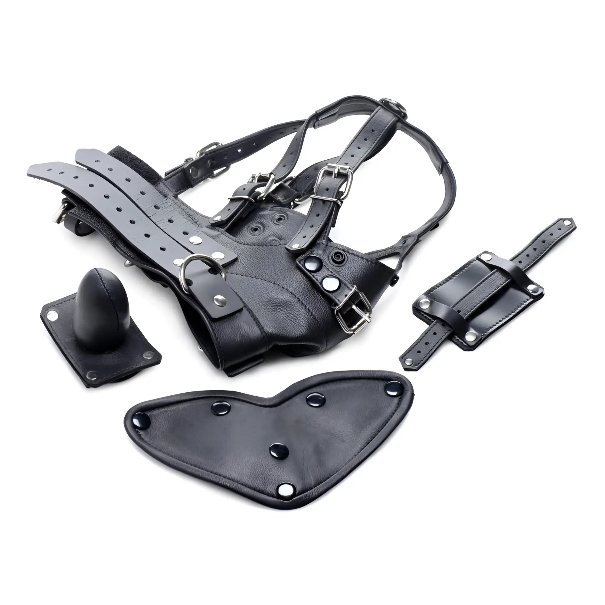 Strict Leather black leather head harness with silver hardware, detachable gag, and additional leather attachments.