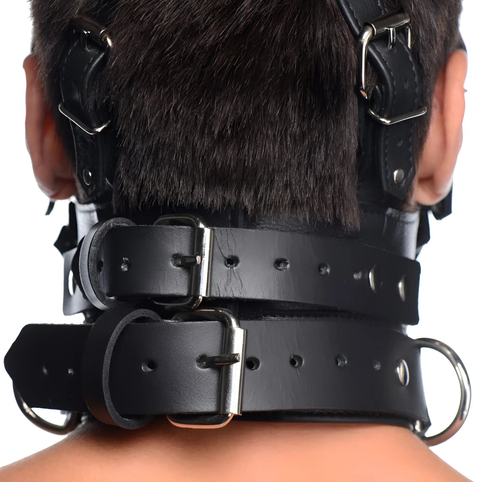 Strict Leather head harness with black leather straps, silver buckles, and a removable gag worn around the head and neck.