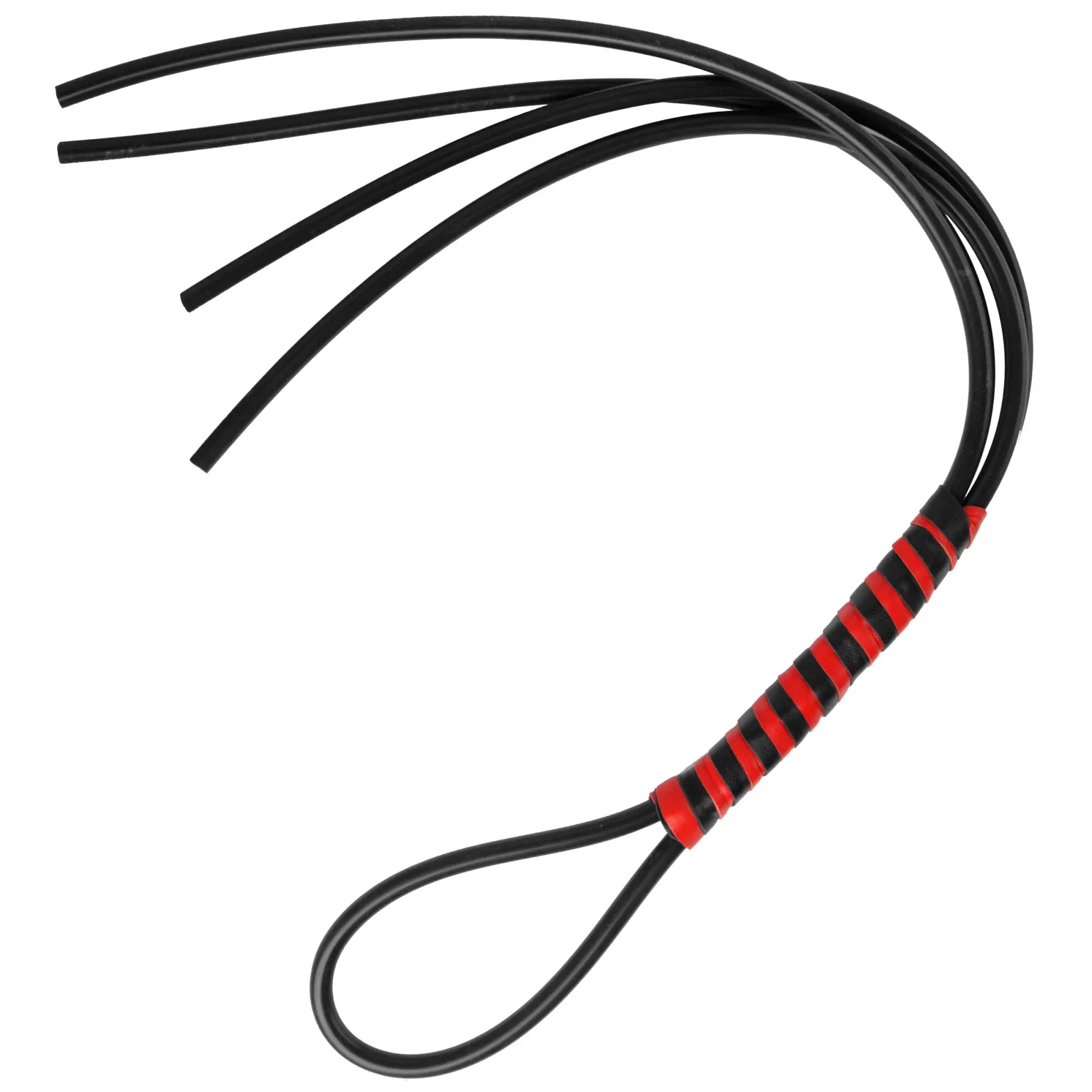 Strict Leather Heavy Duty Silicone Flogger with four black tails and a red-and-black striped handle grip.