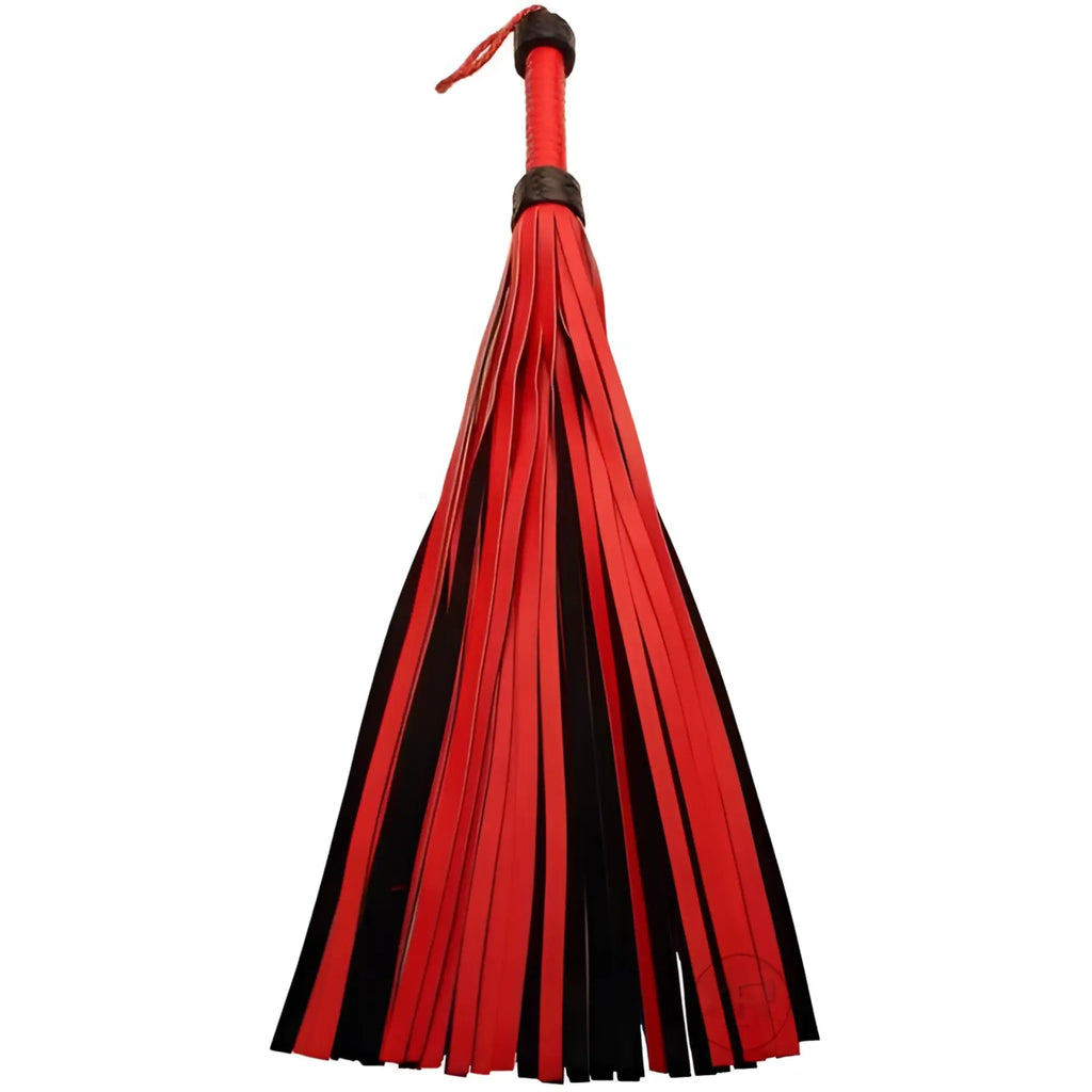 Strict Leather The Heavy Tail Flogger with alternating red and black leather strips and a red braided handle.