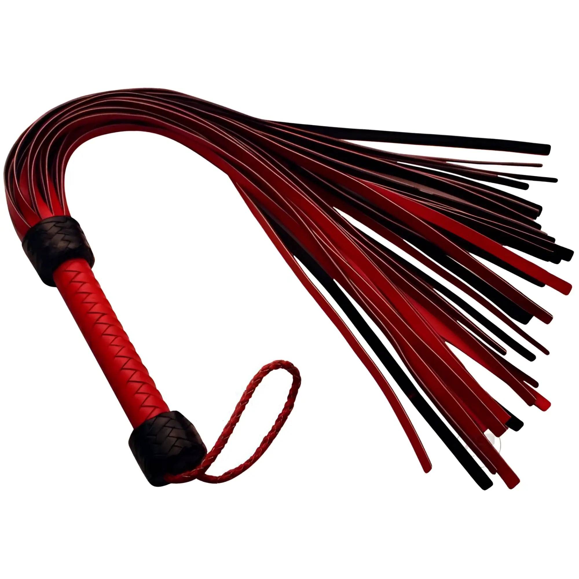 Strict Leather The Heavy Tail Flogger with a red leather handle and black accents, featuring many long red leather tails.