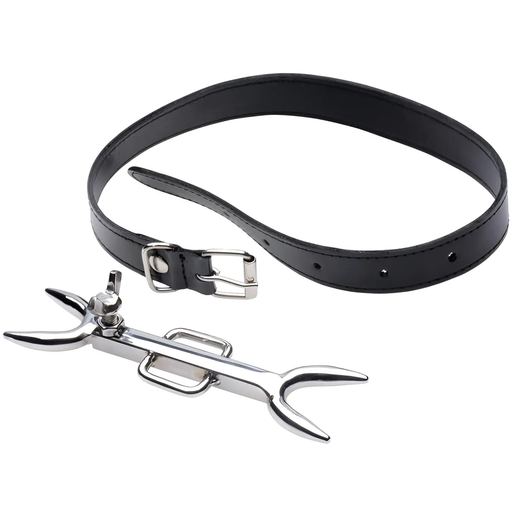Strict Leather Heretics Fork featuring a silver metal double-pronged fork attached to a black adjustable leather strap.
