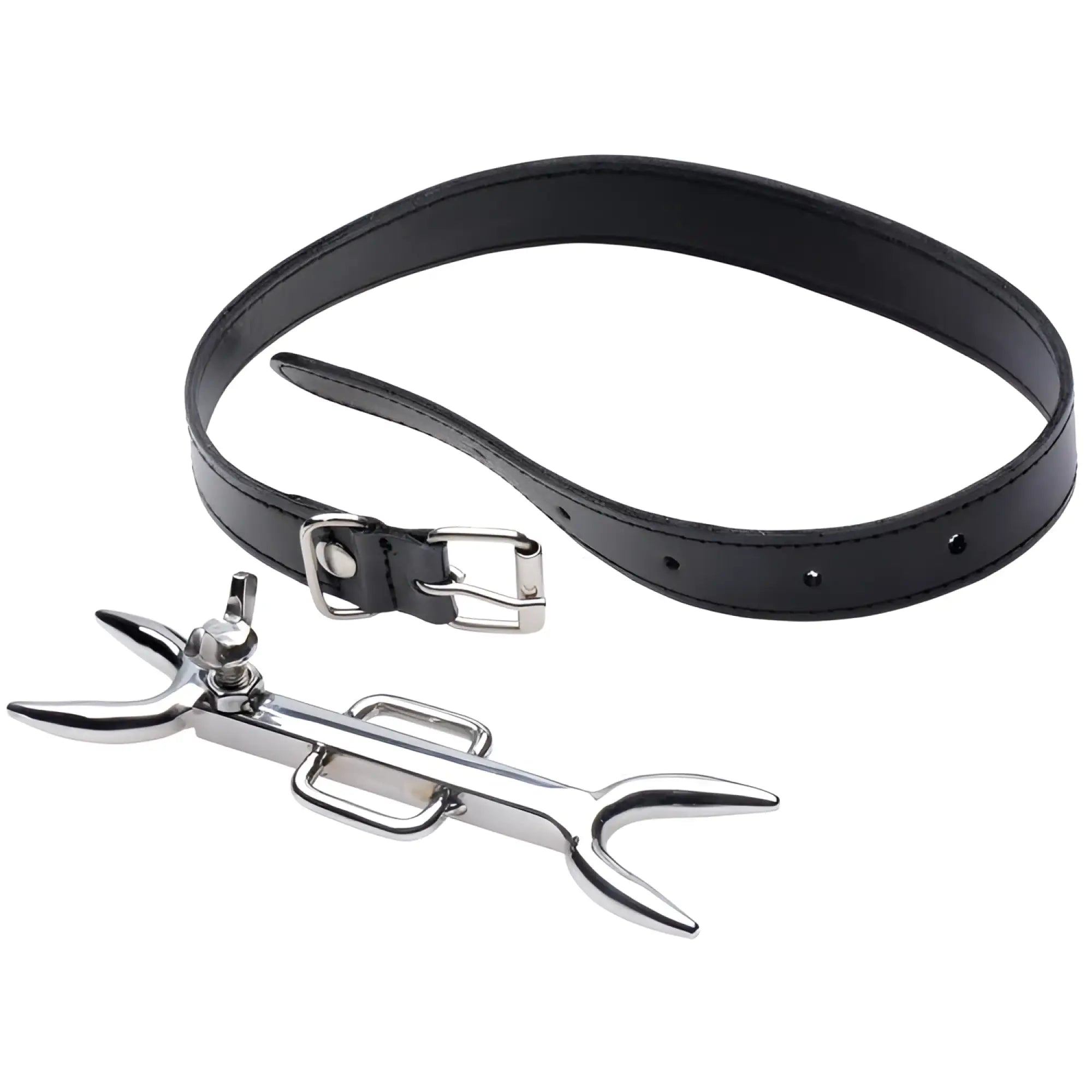 Strict Leather Heretics Fork featuring a silver metal double-pronged fork attached to a black adjustable leather strap.