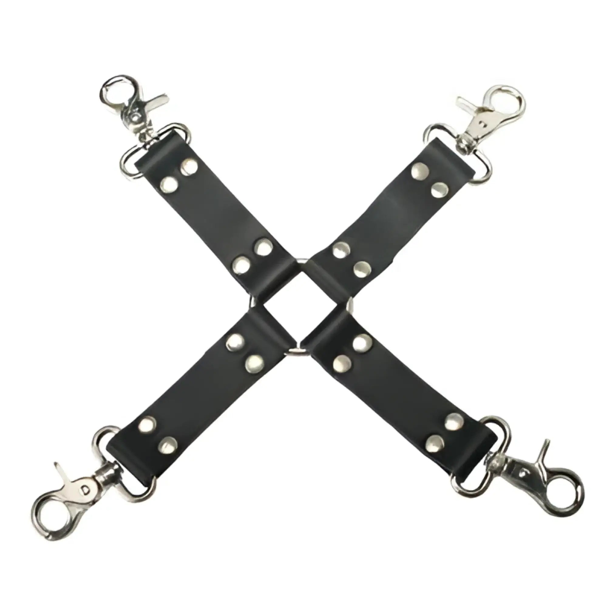 Black leather x-shaped hog tie harness with silver metal clasps and studs for restraint use