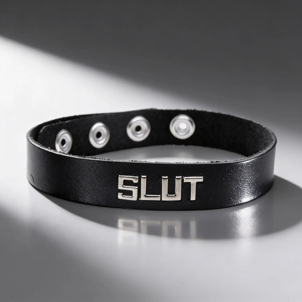 Black leather identification collar with "SLUT" embossed in silver.