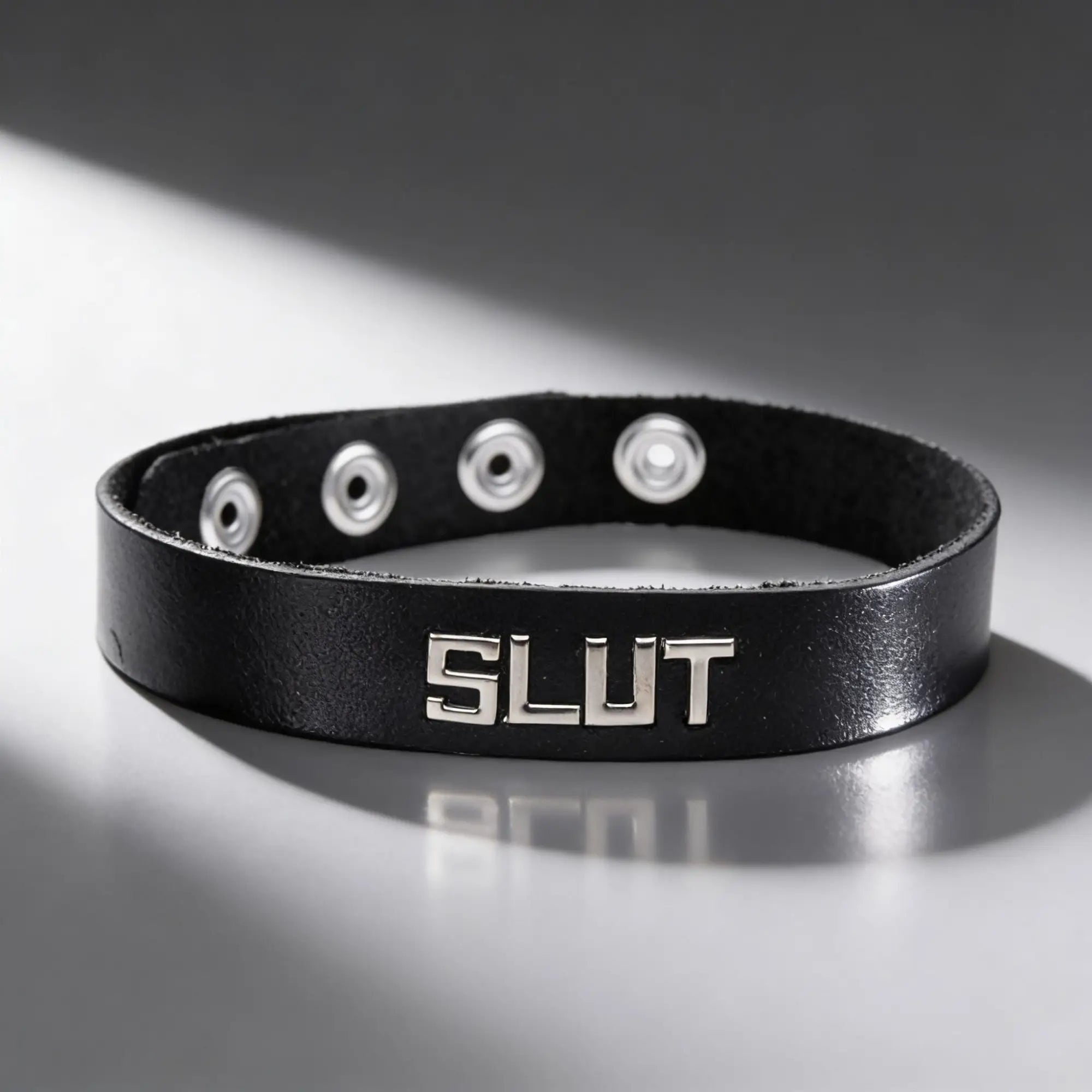 Black leather identification collar with "SLUT" embossed in silver.