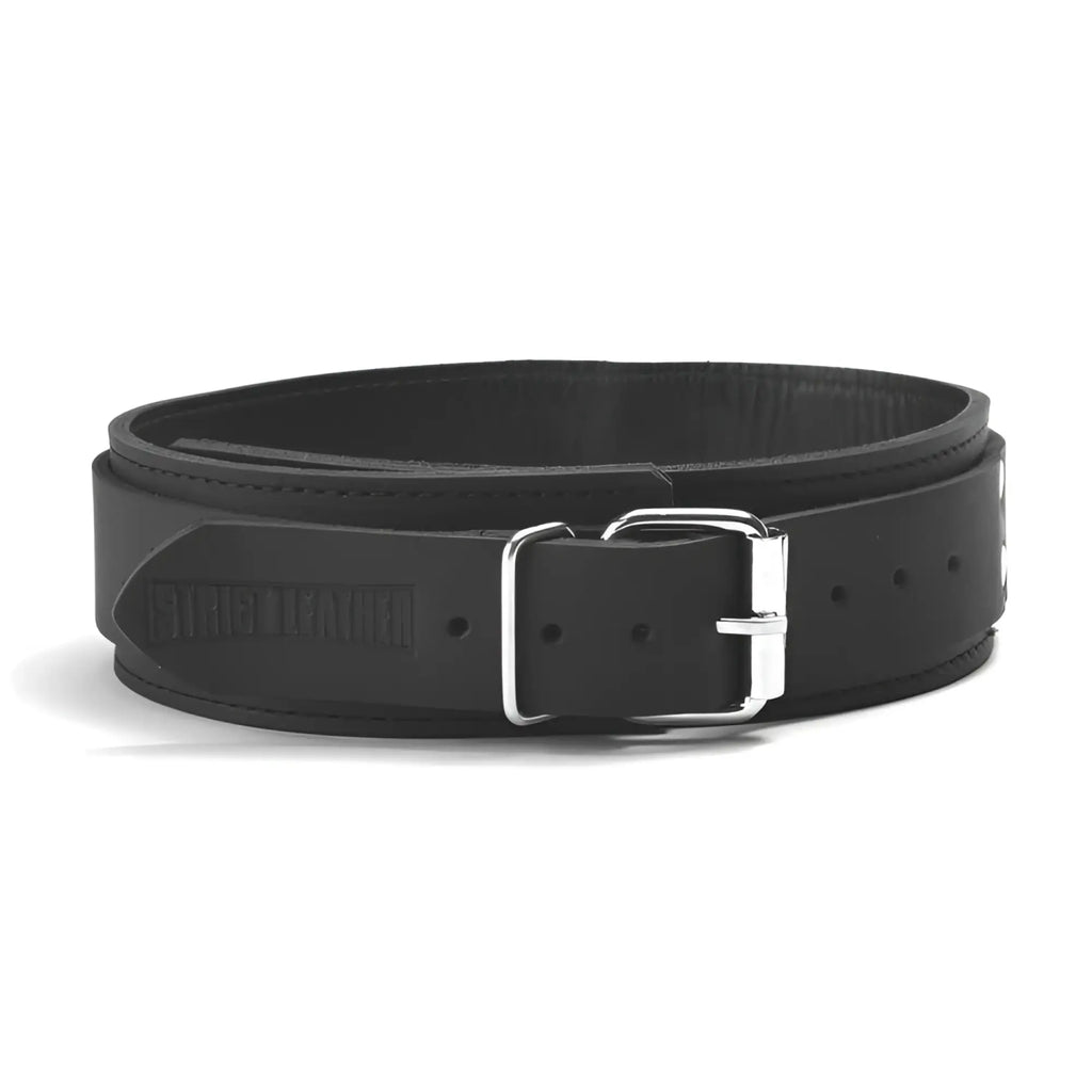 Strict Leather Lightweight Lined Collar: A black leather collar with a silver buckle, featuring the brand name embossed.