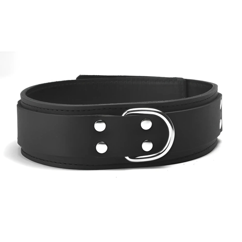 Strict Leather lightweight black leather collar featuring a metal D-ring and silver rivets on a white background.