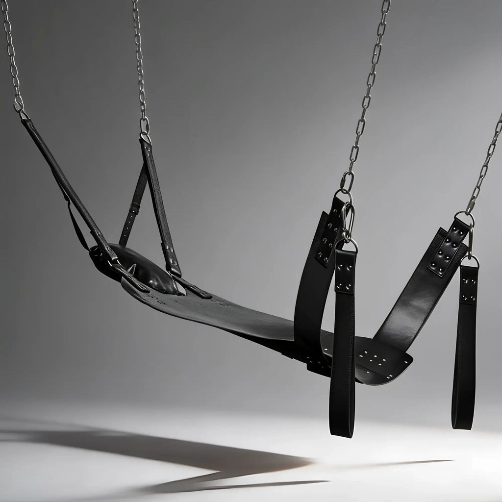 Strict Leather Lined Sling with pillow and stirrups, a black leather hammock suspended by metal chains on a grey background.