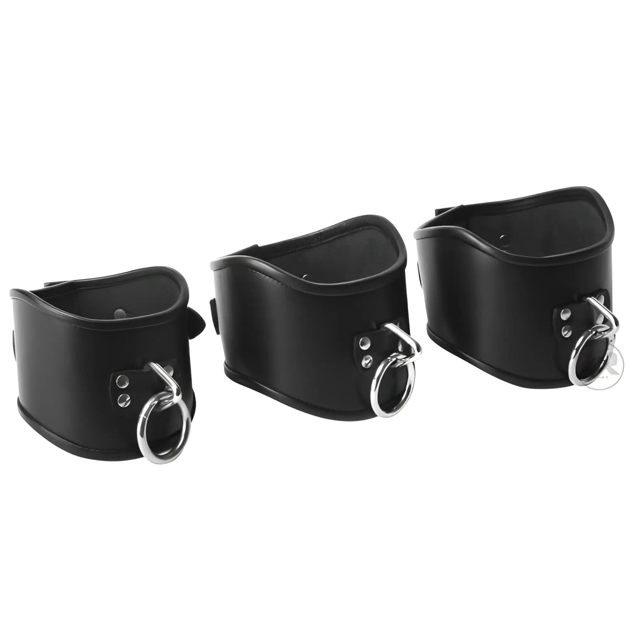 Three Strict Leather lockable posture collars in black leather with silver metal D-rings, displayed on a white background.