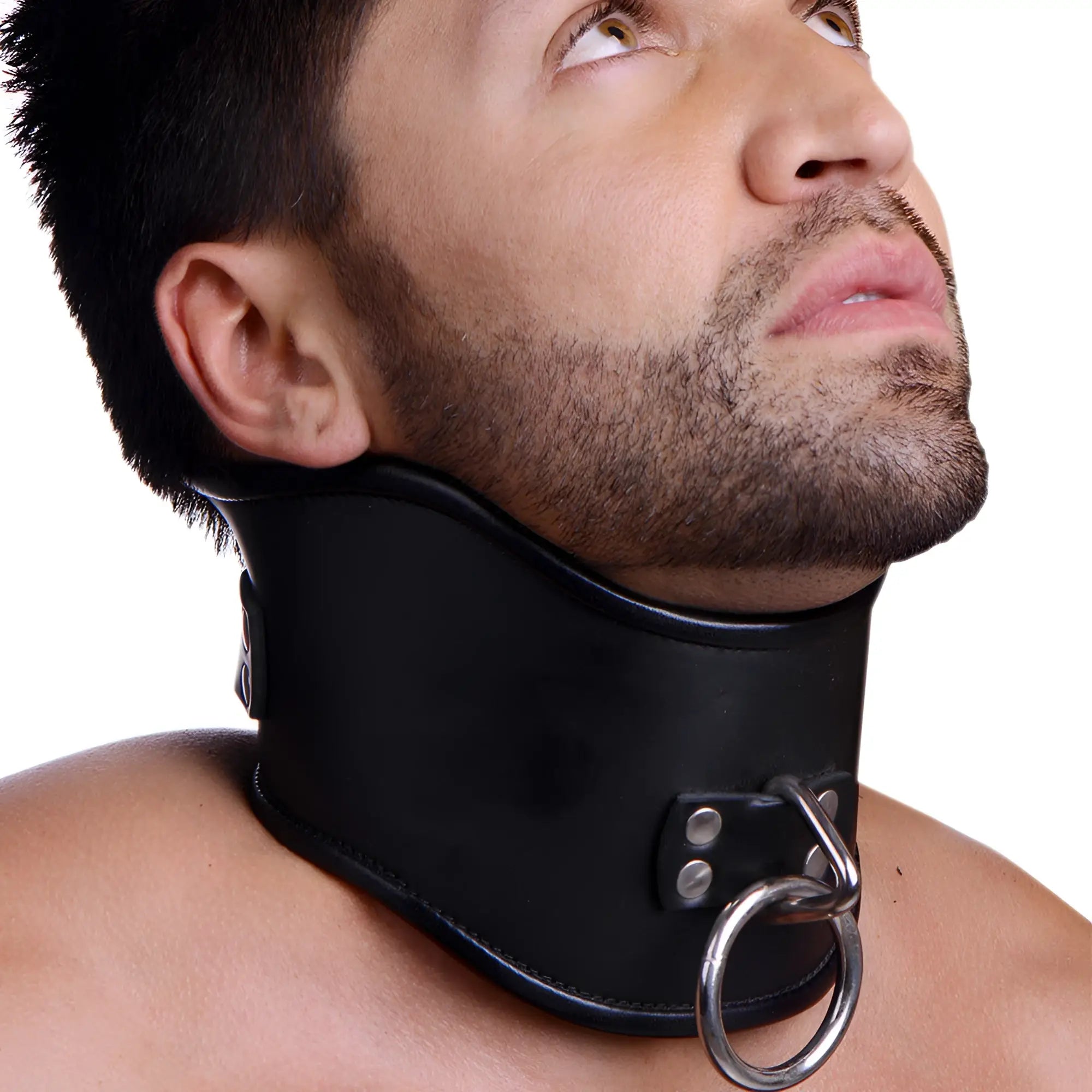 Strict Leather Lockable Posture Collar: A black leather neck brace with a silver O-ring worn by a man looking upward.