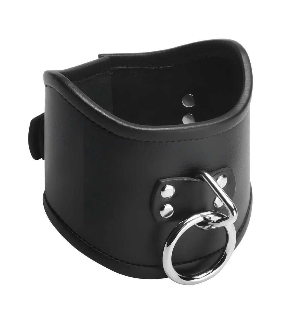 Strict Leather Lockable Posture Collar: Wide, black leather collar with metal rivets and a large silver O-ring.