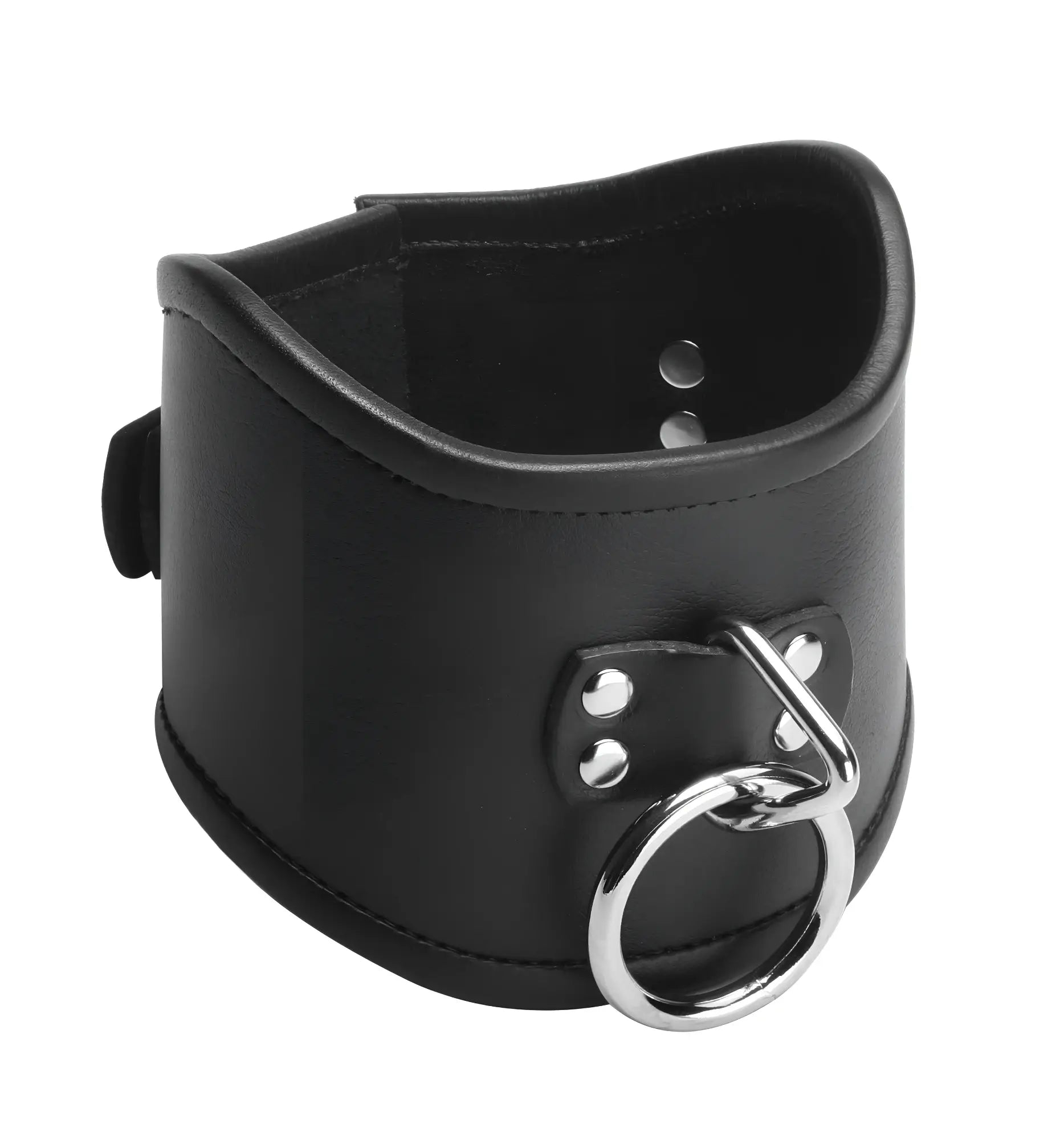 Strict Leather Lockable Posture Collar: Wide, black leather collar with metal rivets and a large silver O-ring.