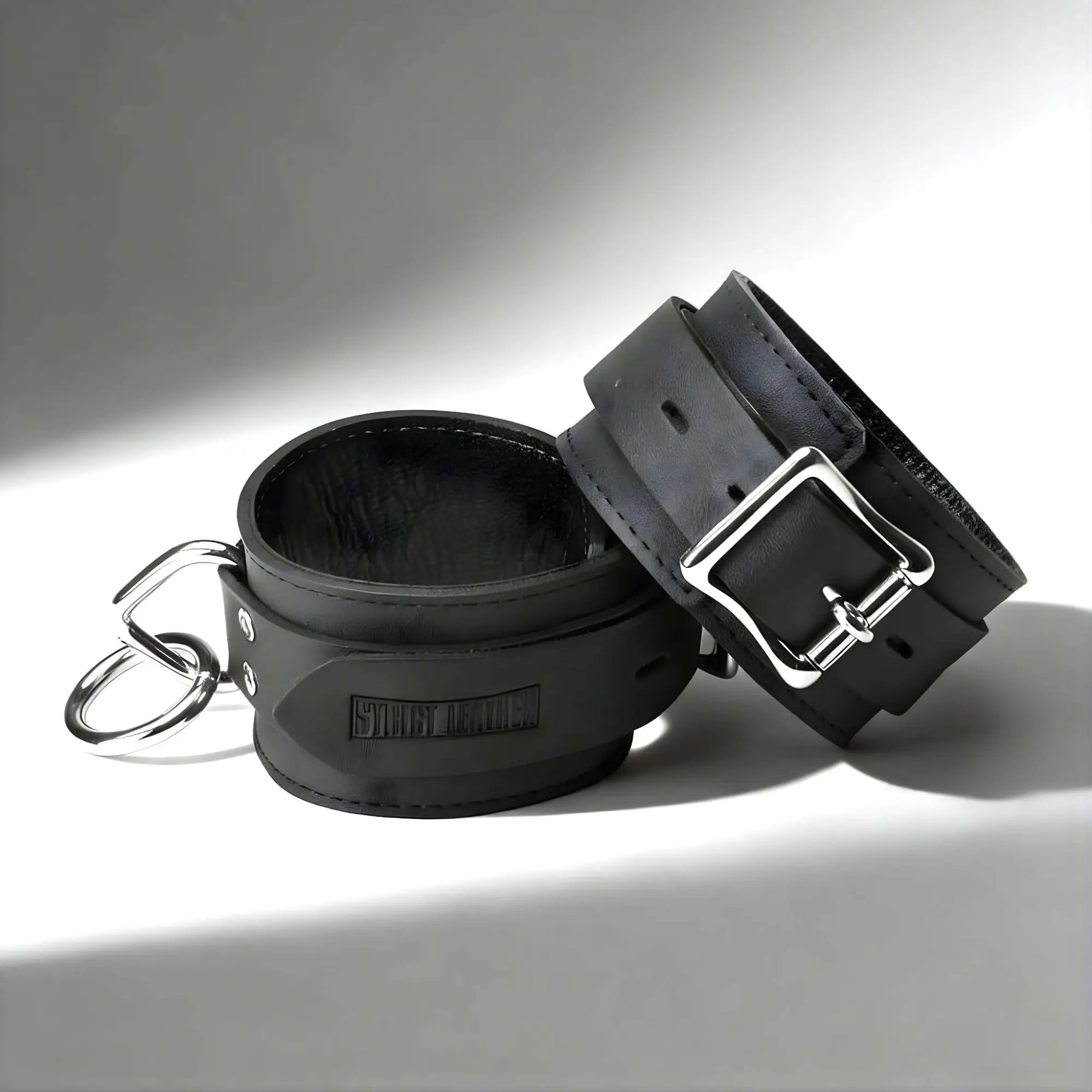 Strict Leather locking cuffs in black leather with silver metal buckles and hardware against a white background.