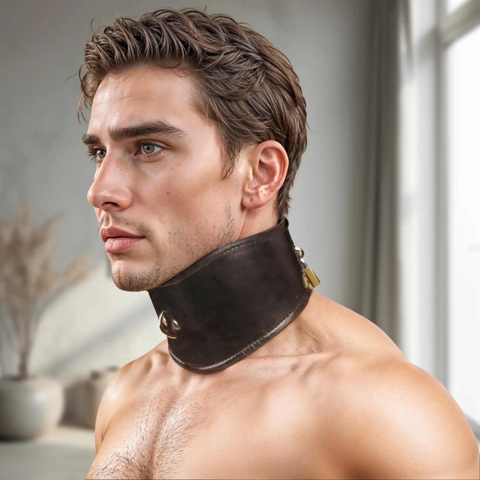 A shirtless man wearing a wide, dark brown Strict Leather Locking Posture Collar with a brass lock.