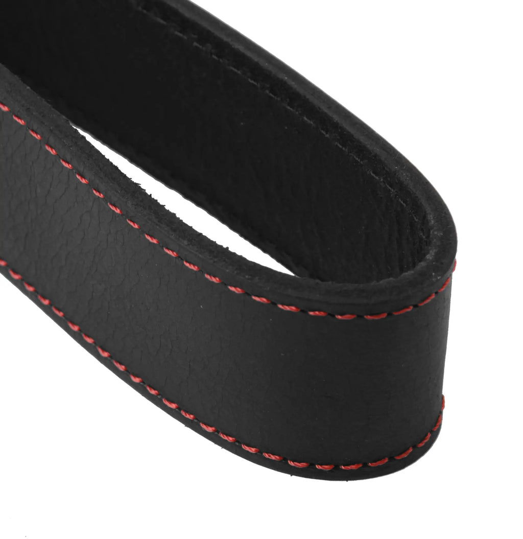 Strict Leather Looped Leather Slapper in black leather with contrasting red stitching, shown in a simple looped design.