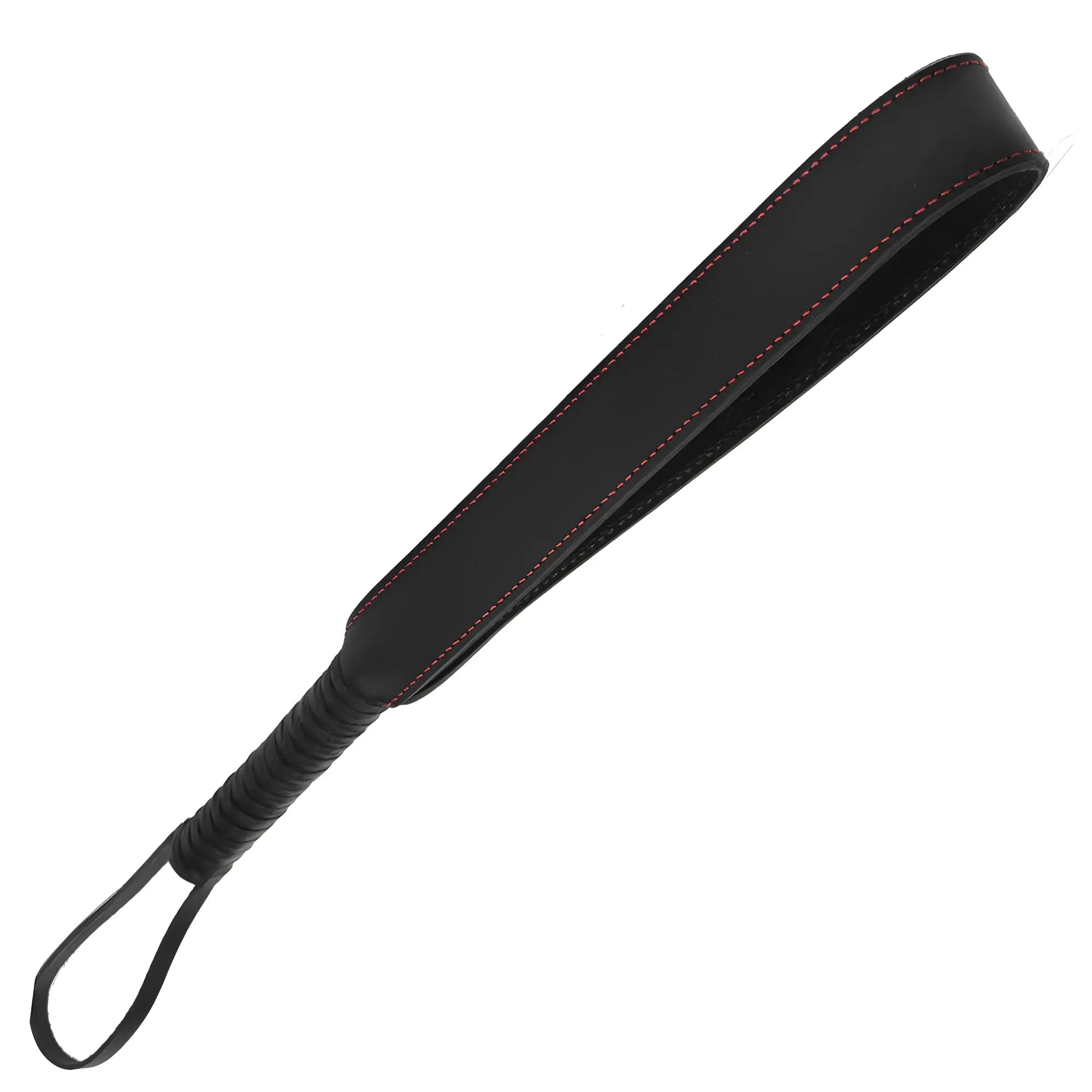 Strict Leather Looped Leather Slapper in black with red stitching, featuring a looped handle and flexible paddle end.